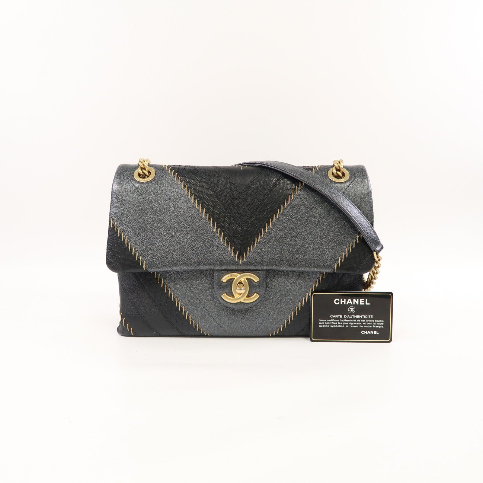 CHANEL 【激減優惠】牛皮皮革/蛇皮皮革Shoulder Bag金扣鏈帶肩背袋黑色