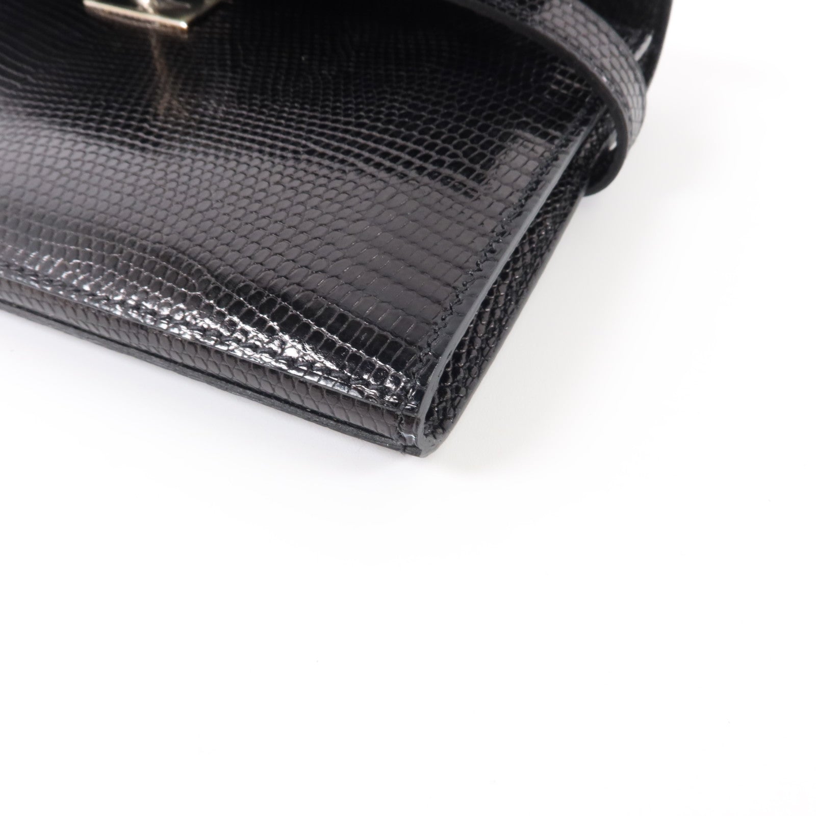 HERMES 蜥蝪皮革Kelly Long Wallet銀扣長錢包Noir