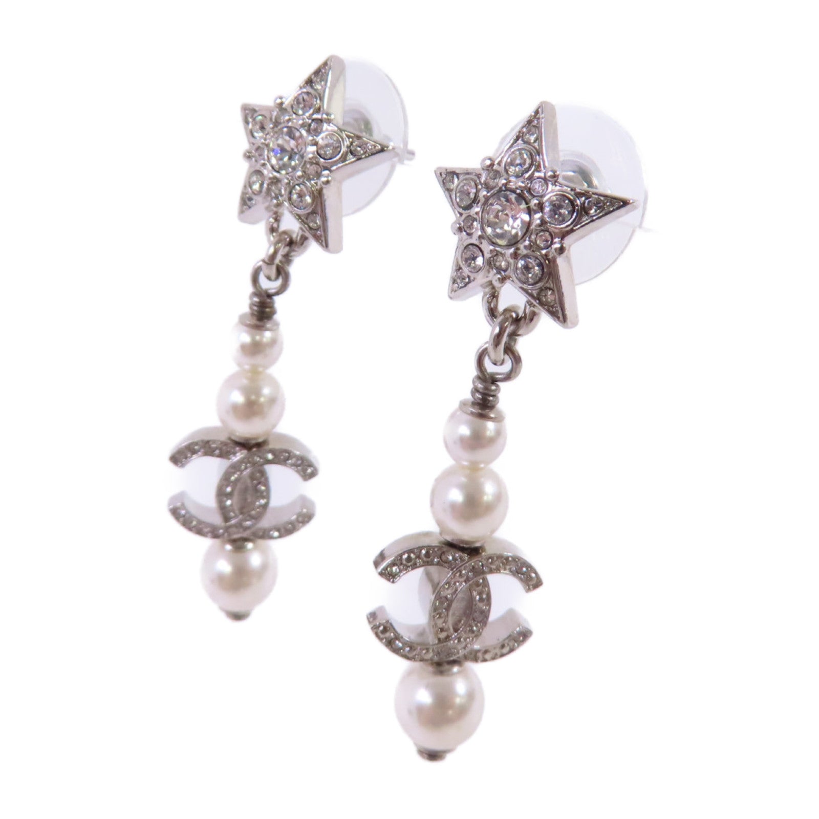 CHANEL 金屬/仿珍珠/水鑽CC Earrings銀扣耳環