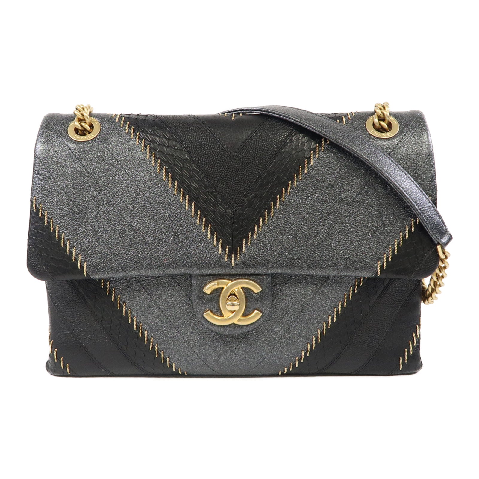 CHANEL 【激減優惠】牛皮皮革/蛇皮皮革Shoulder Bag金扣鏈帶肩背袋黑色
