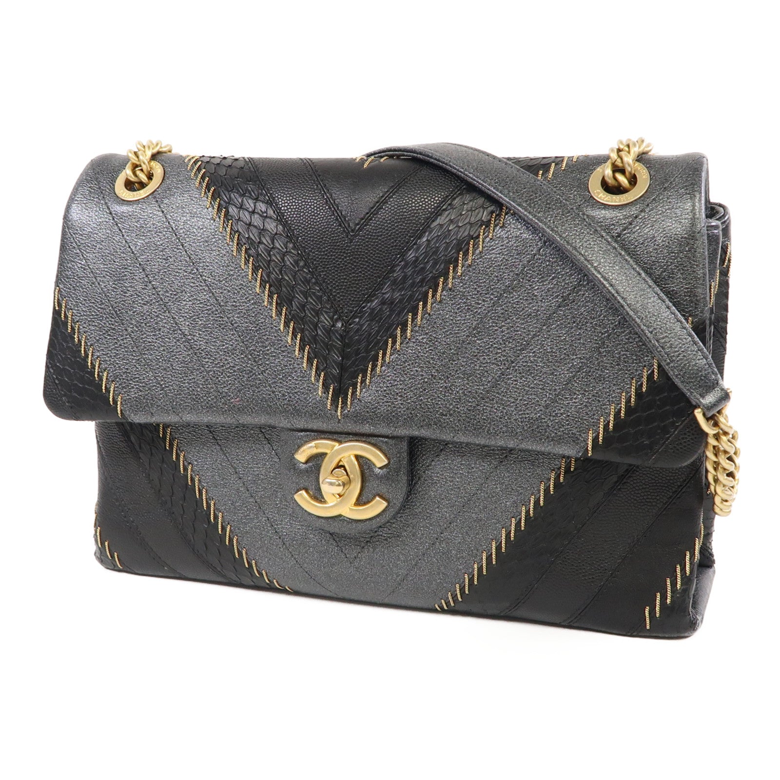 CHANEL 【激減優惠】牛皮皮革/蛇皮皮革Shoulder Bag金扣鏈帶肩背袋黑色