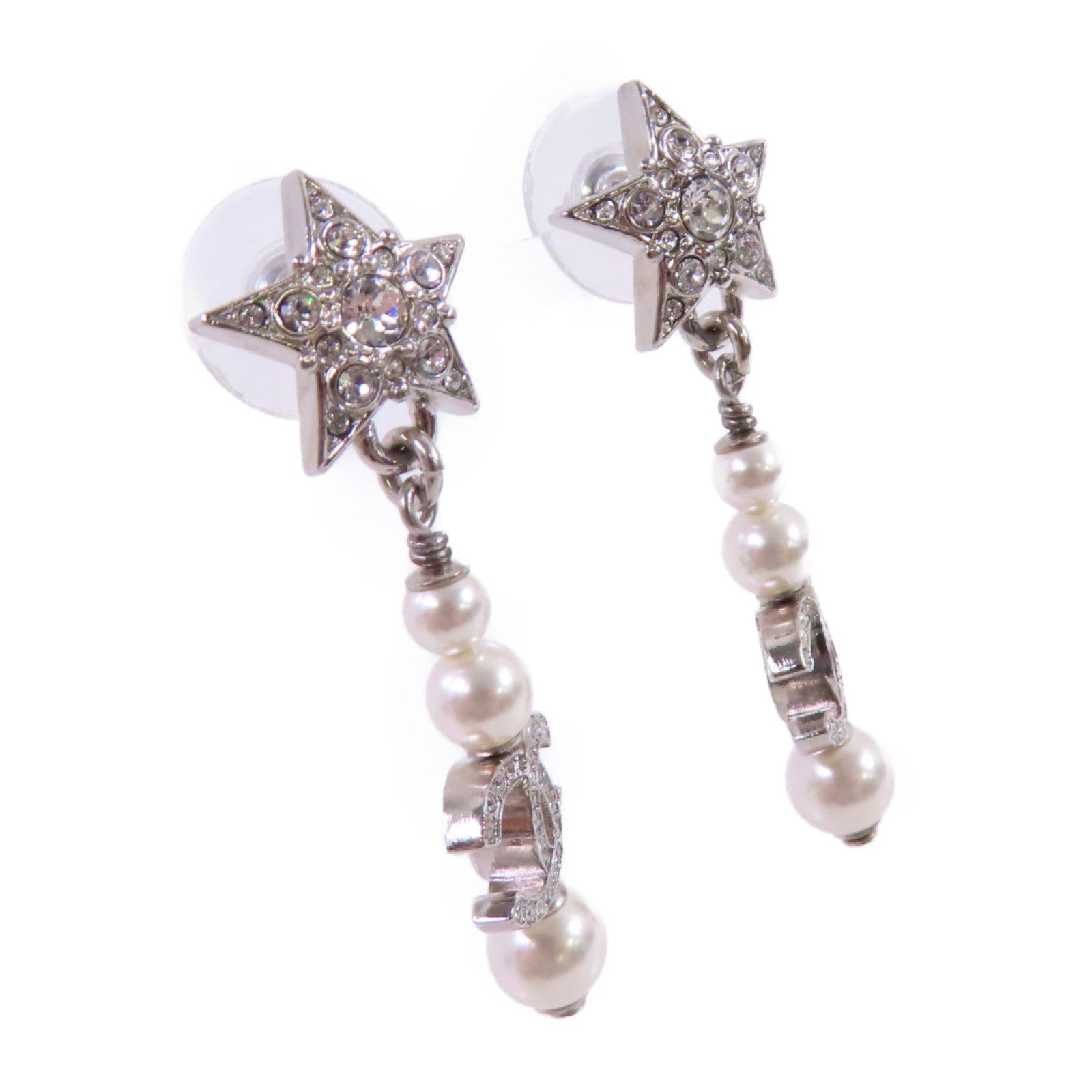CHANEL 金屬/仿珍珠/水鑽CC Earrings銀扣耳環