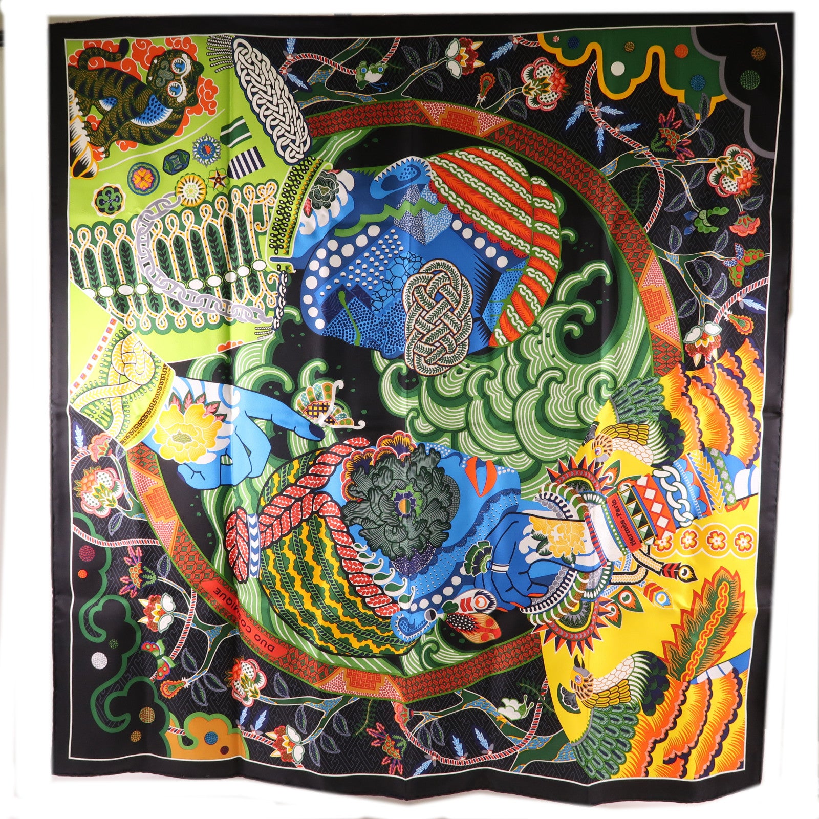 HERMES Scarf 90X90 Silk Black Multicolored