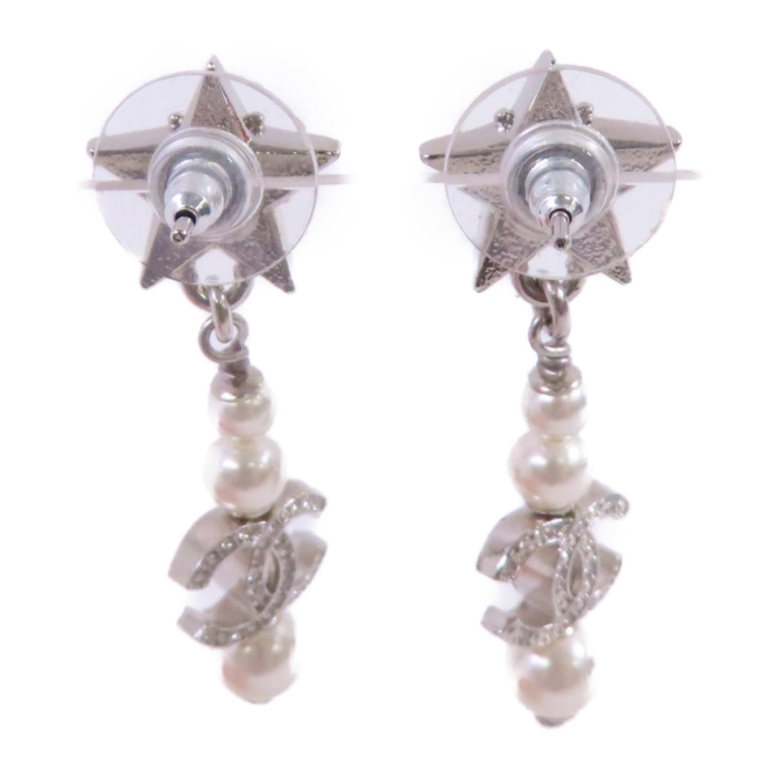CHANEL 金屬/仿珍珠/水鑽CC Earrings銀扣耳環