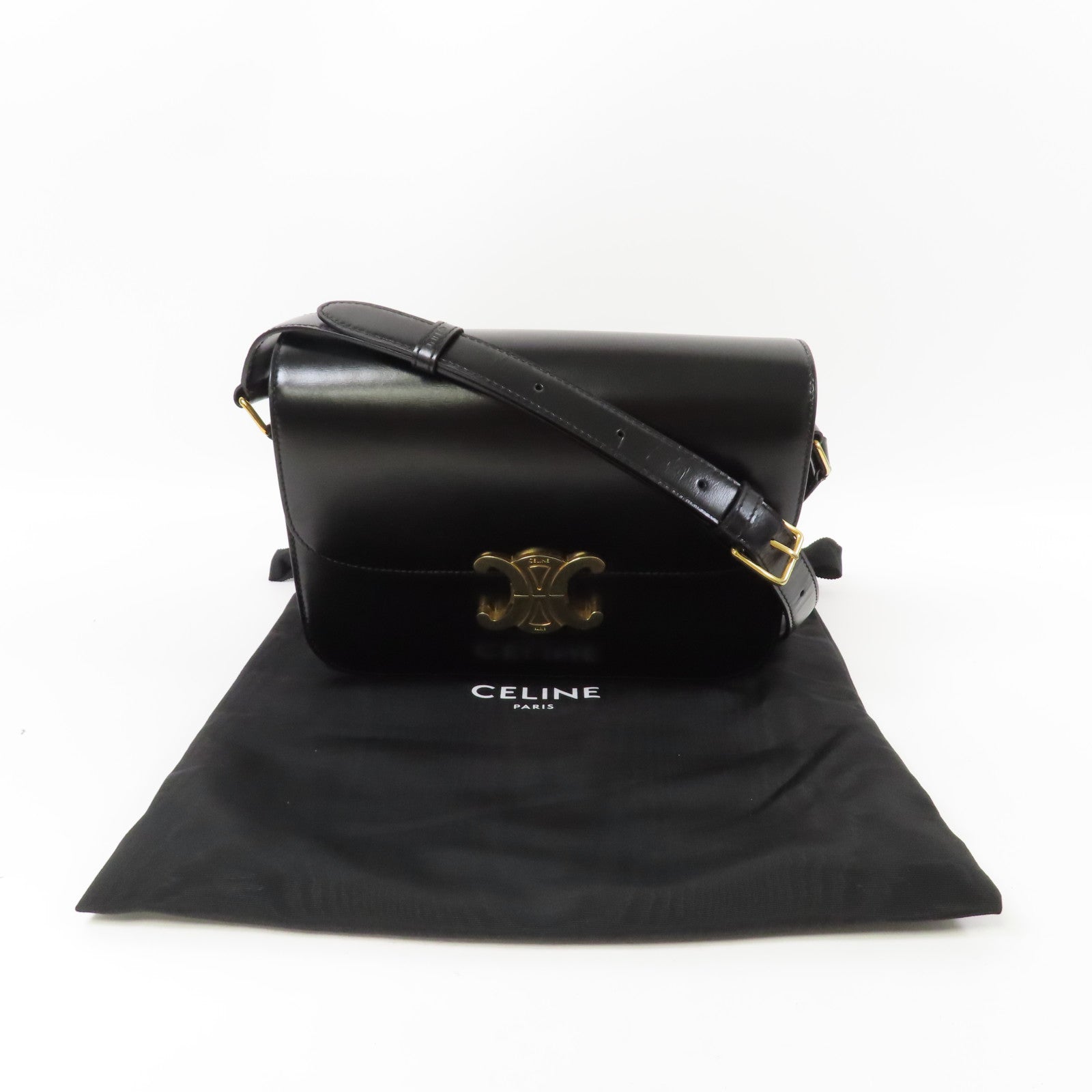 CELINE 牛皮皮革Triomphe Medium金扣肩背袋黑色