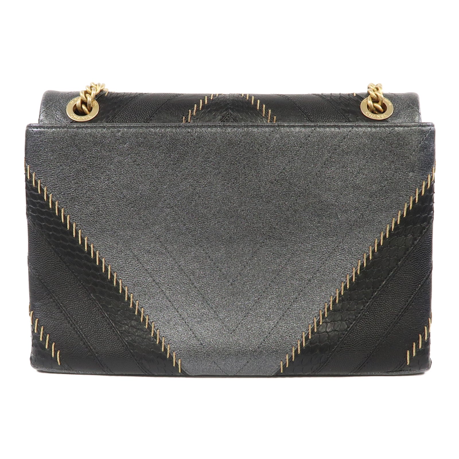 CHANEL 【激減優惠】牛皮皮革/蛇皮皮革Shoulder Bag金扣鏈帶肩背袋黑色