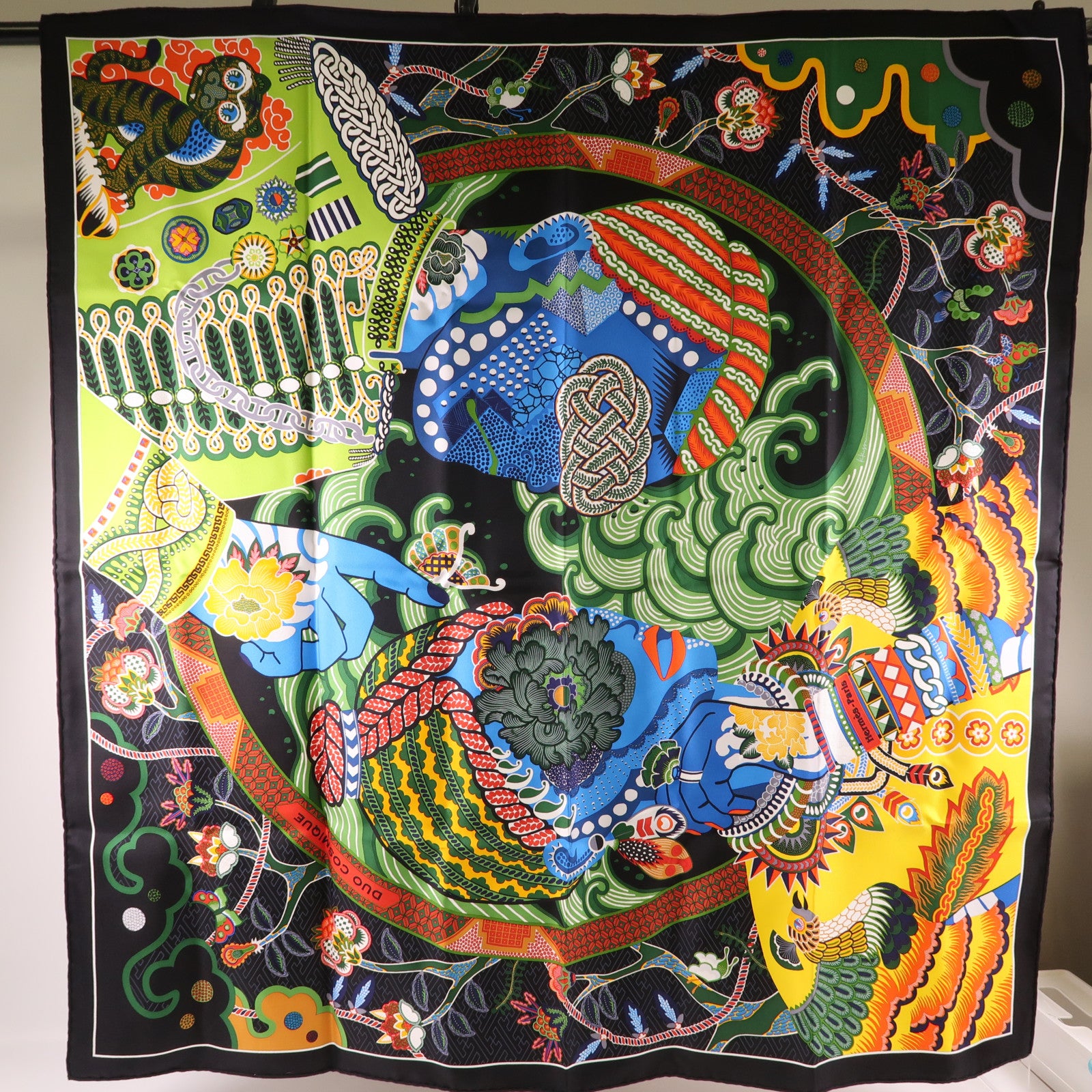 HERMES Scarf 90X90 Silk Black Multicolored