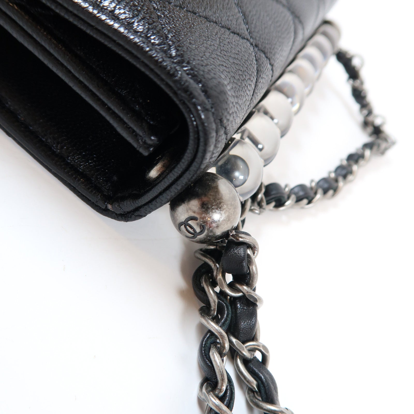 CHANEL 【激減優惠】菱格羊皮皮革Matelasse Pearl Chain黑扣鏈帶肩背袋黑色