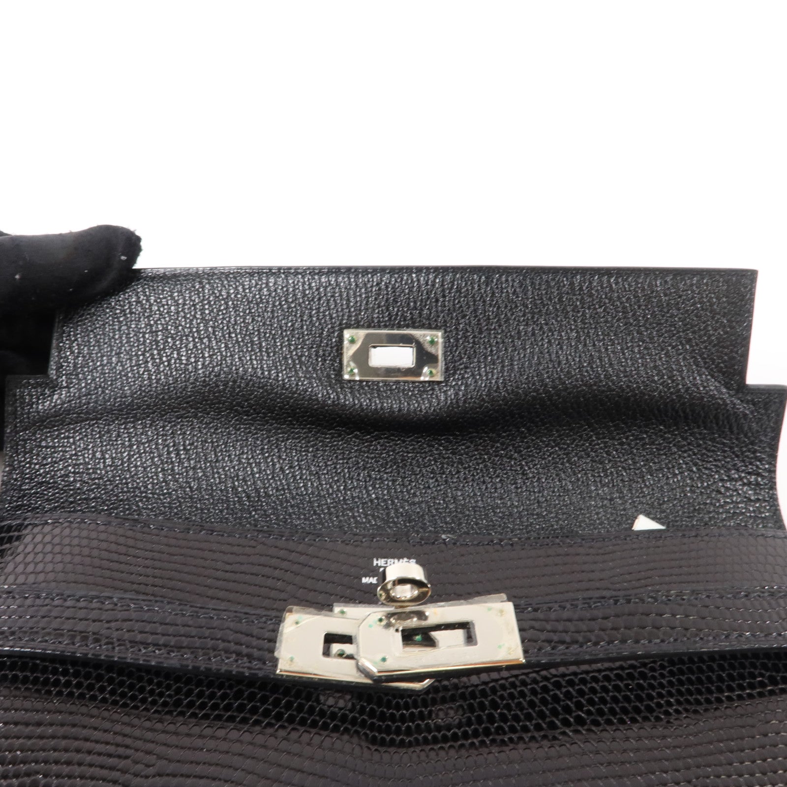 HERMES 蜥蝪皮革Kelly Long Wallet銀扣長錢包Noir