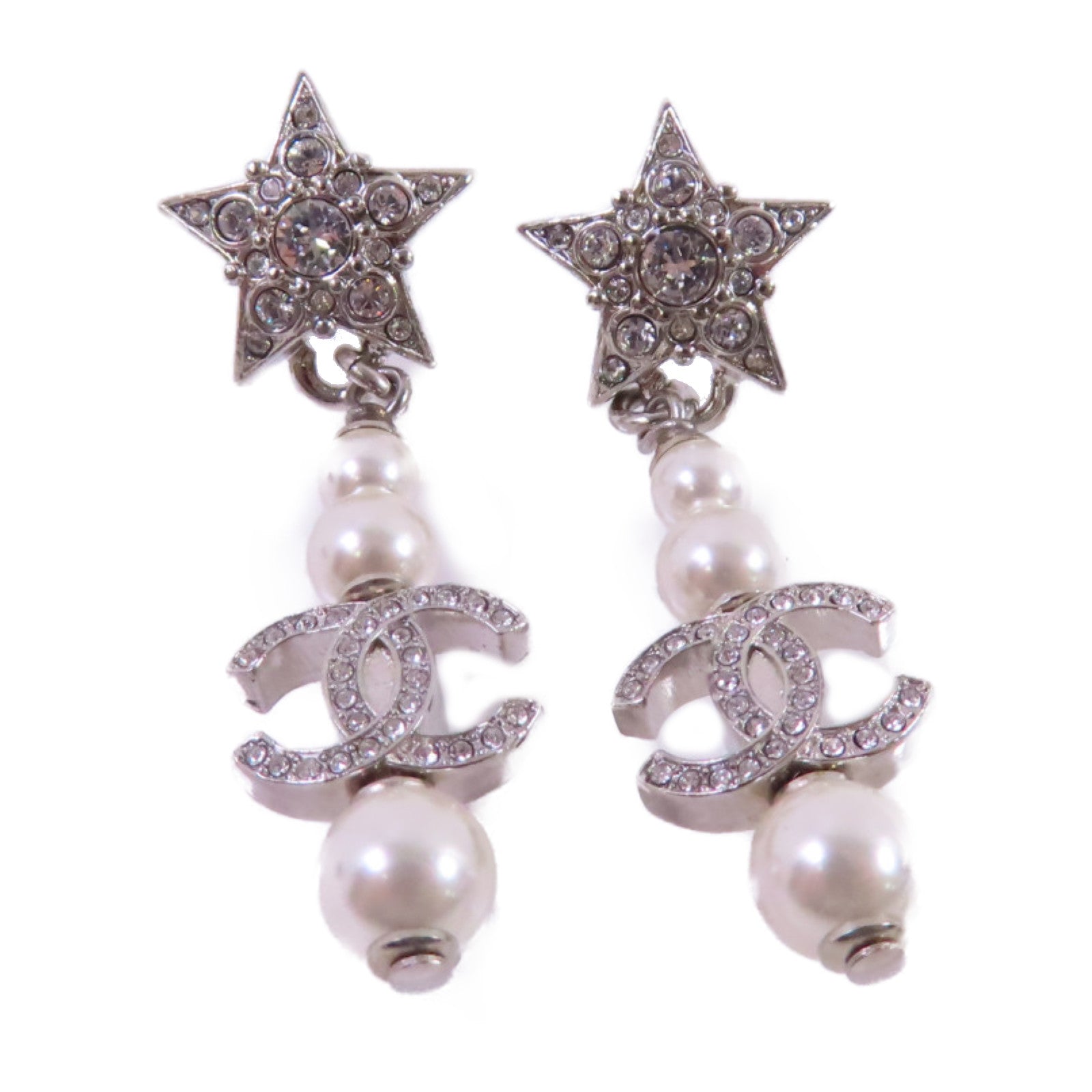 CHANEL 金屬/仿珍珠/水鑽CC Earrings銀扣耳環