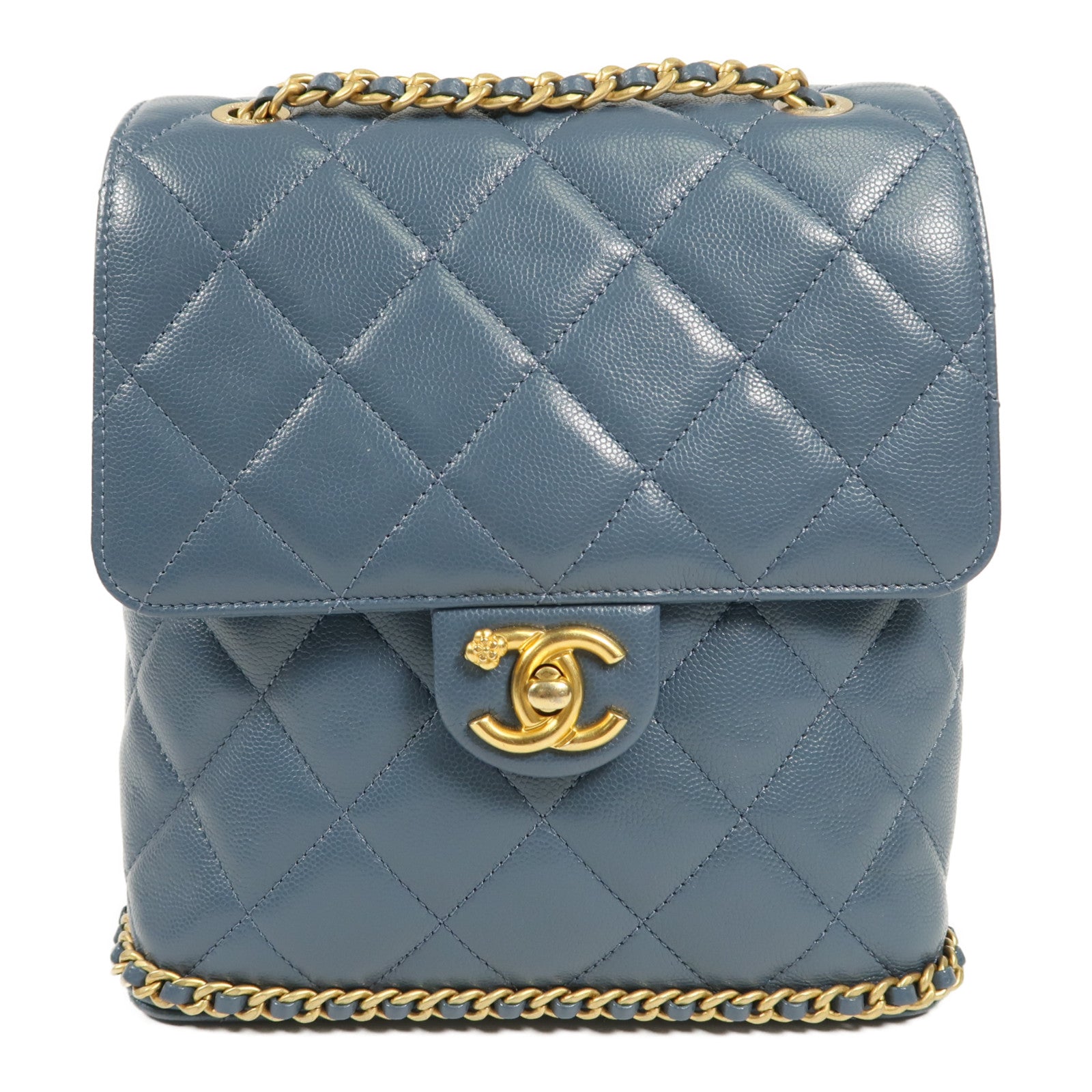 CHANEL 牛皮皮革Backpack金扣鏈帶背包