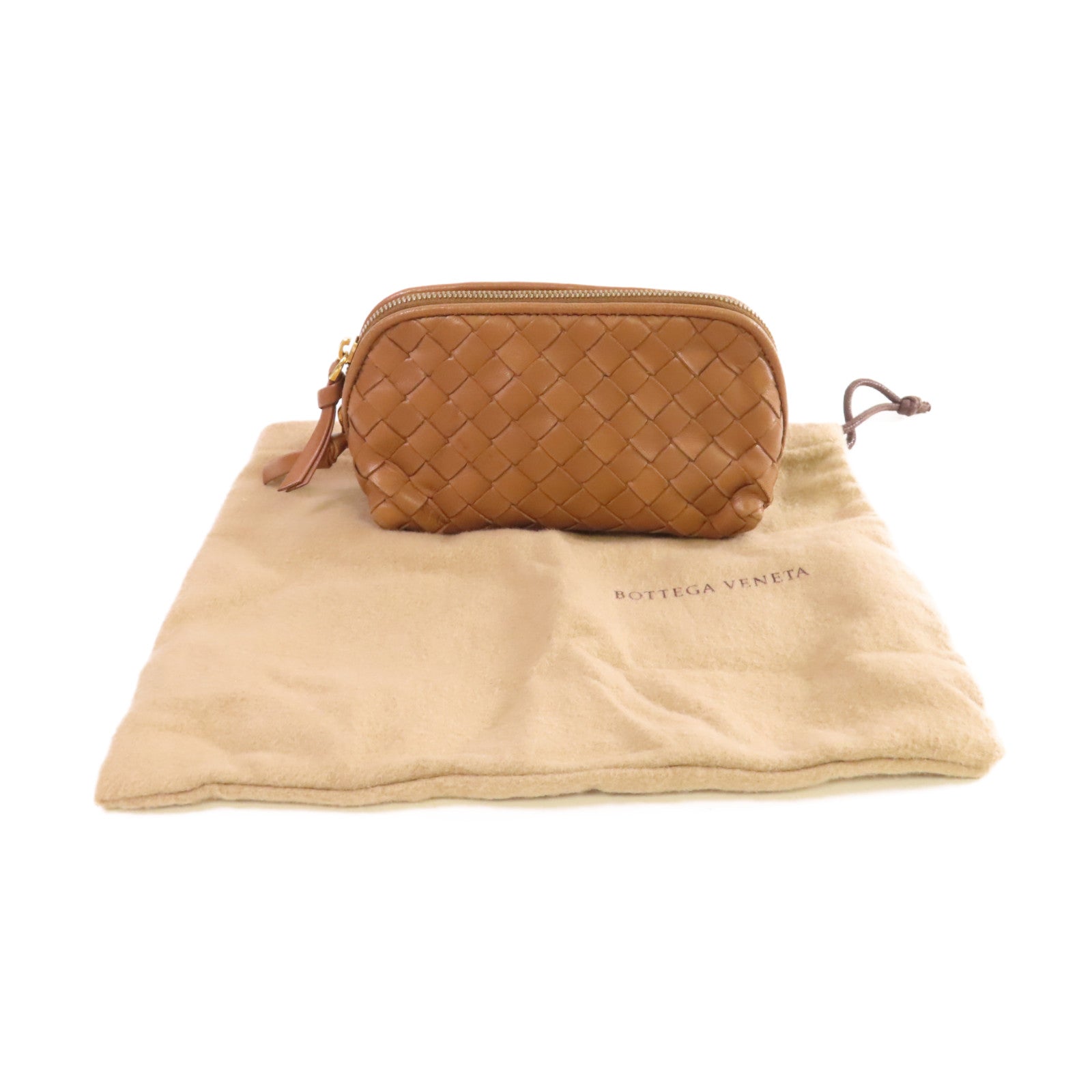 BOTTEGA VENETA 【激減優惠】織紋皮革Pouch金扣手拿包啡色