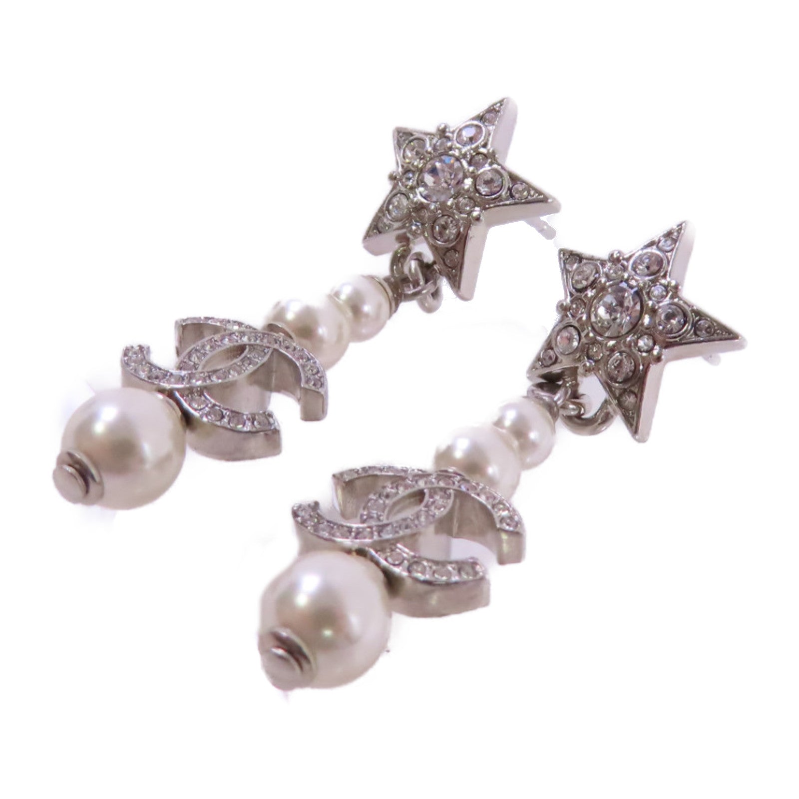CHANEL 金屬/仿珍珠/水鑽CC Earrings銀扣耳環