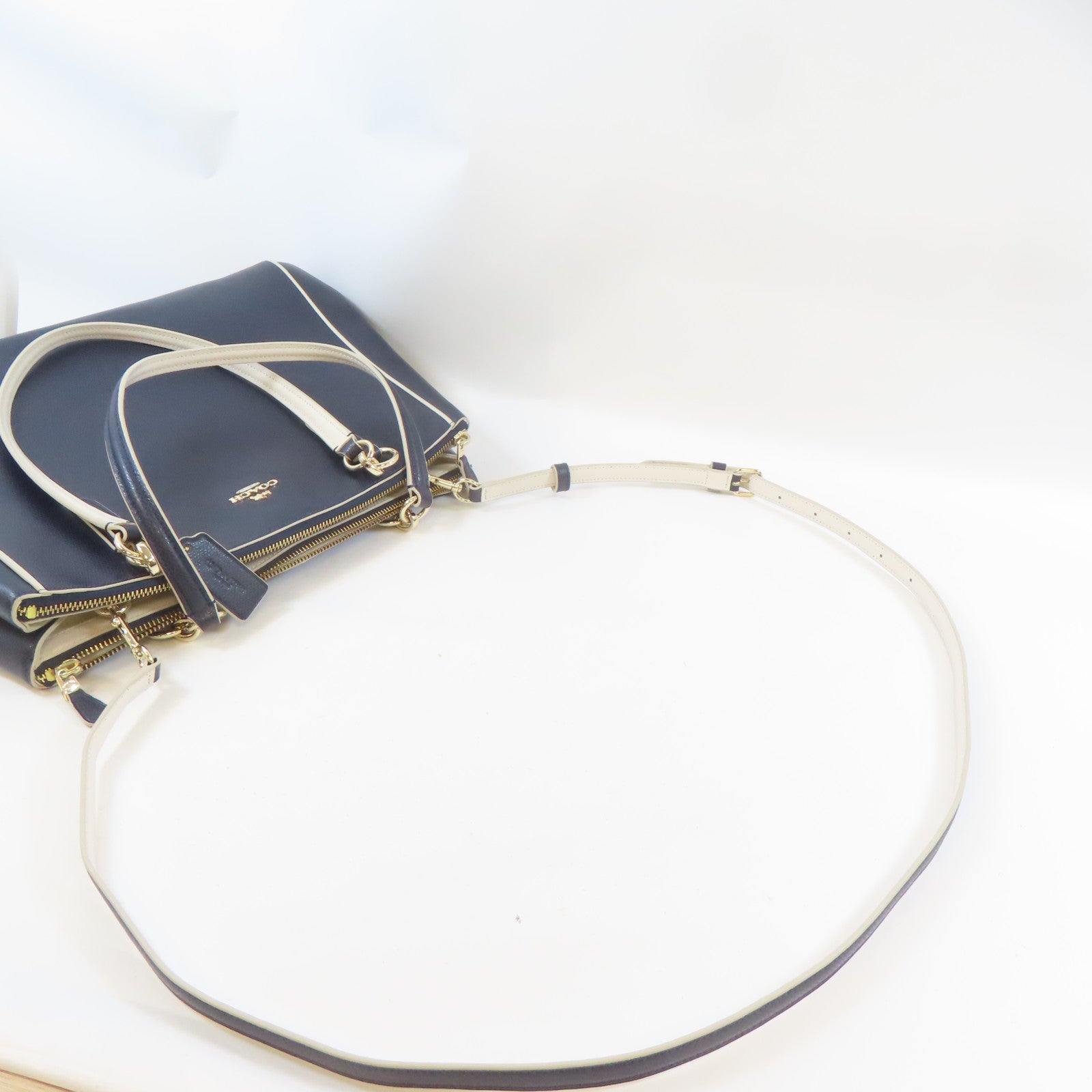 COACH 皮革2 Way Shoulder Bag金扣手挽肩背兩用袋深藍色