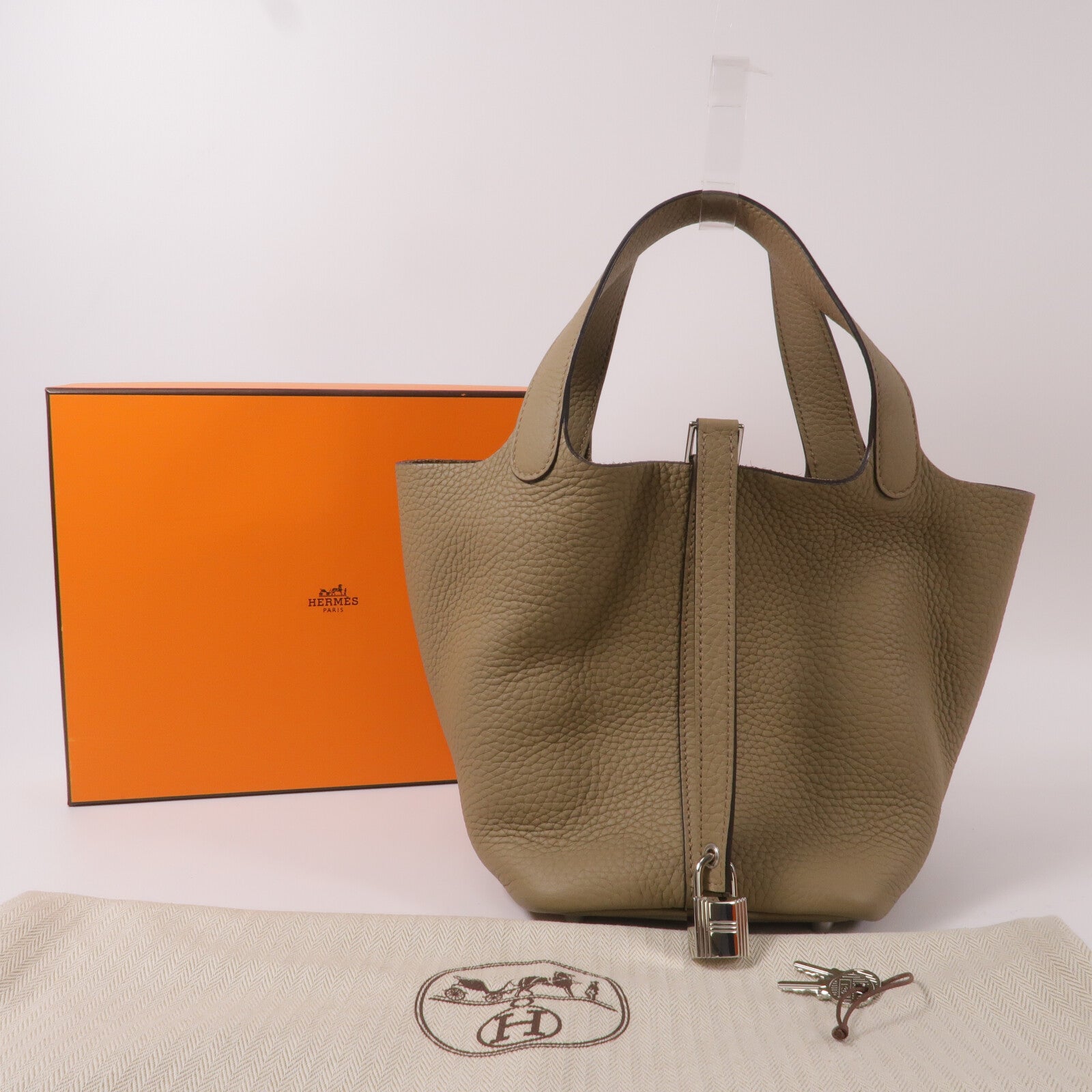 HERMES Clemence皮革Picotin PM手挽袋Beige Marfa