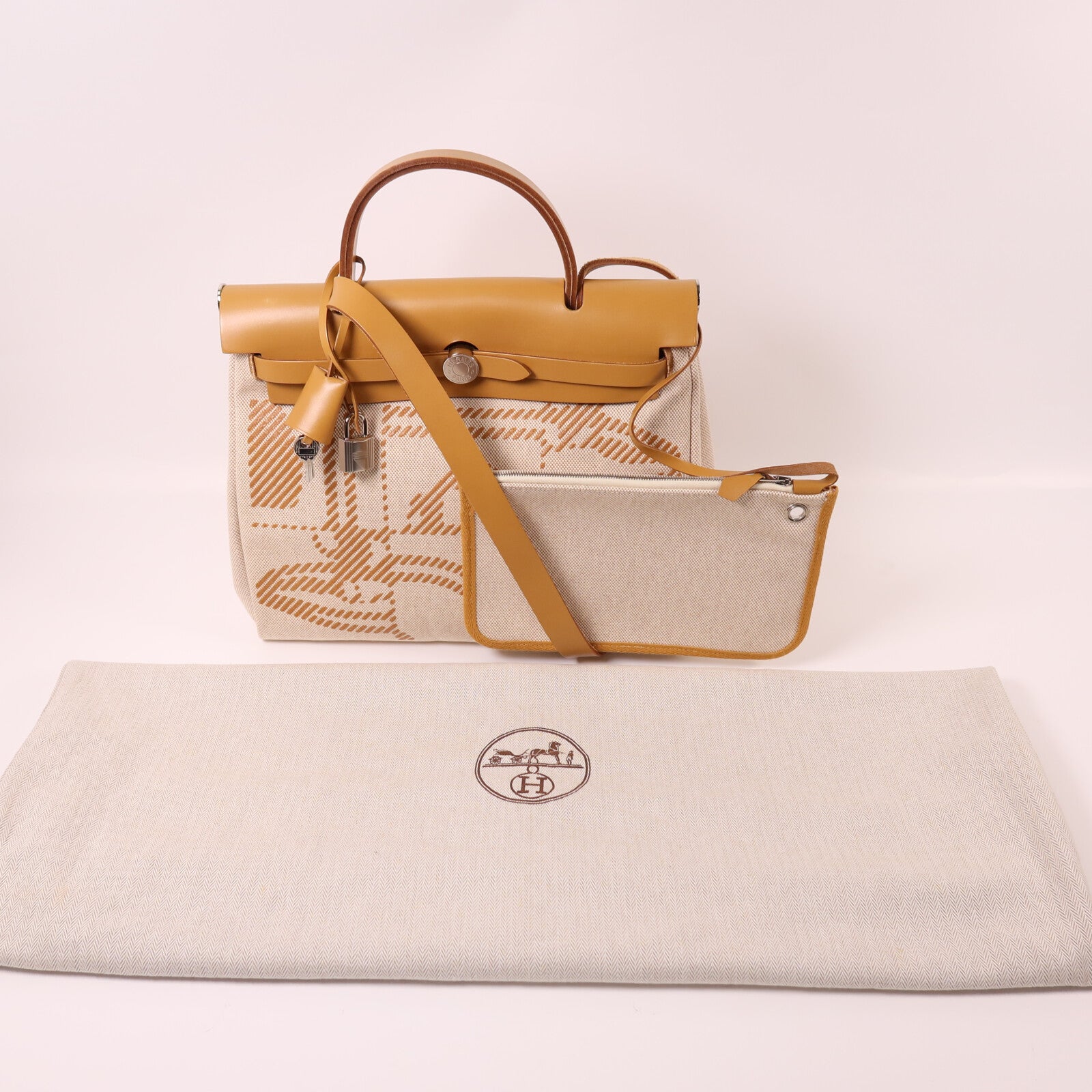 HERMES 帆布Herbag PM銀扣手挽肩背兩用袋Beige