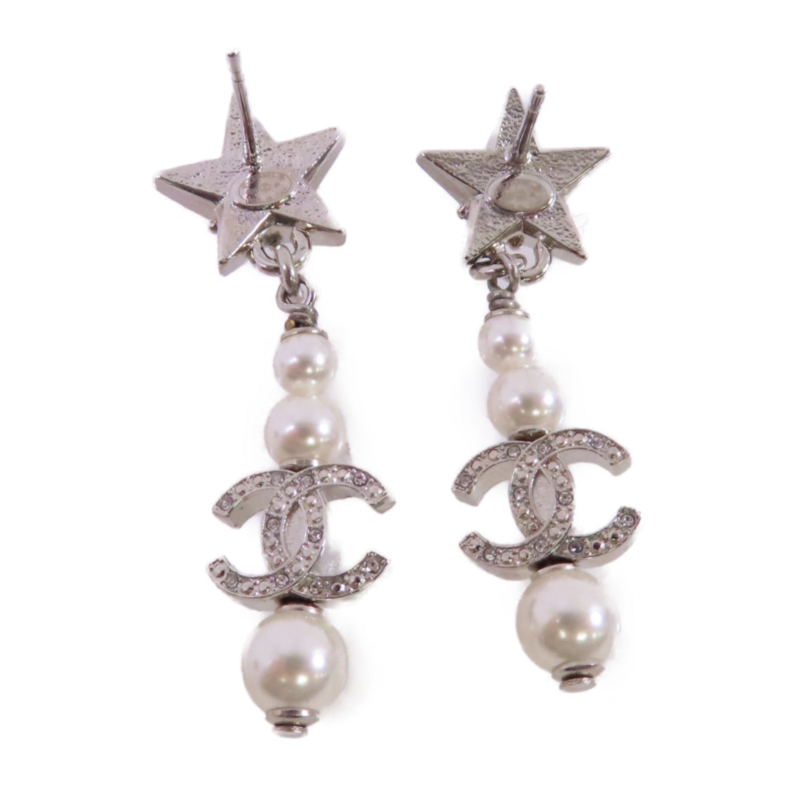 CHANEL 金屬/仿珍珠/水鑽CC Earrings銀扣耳環