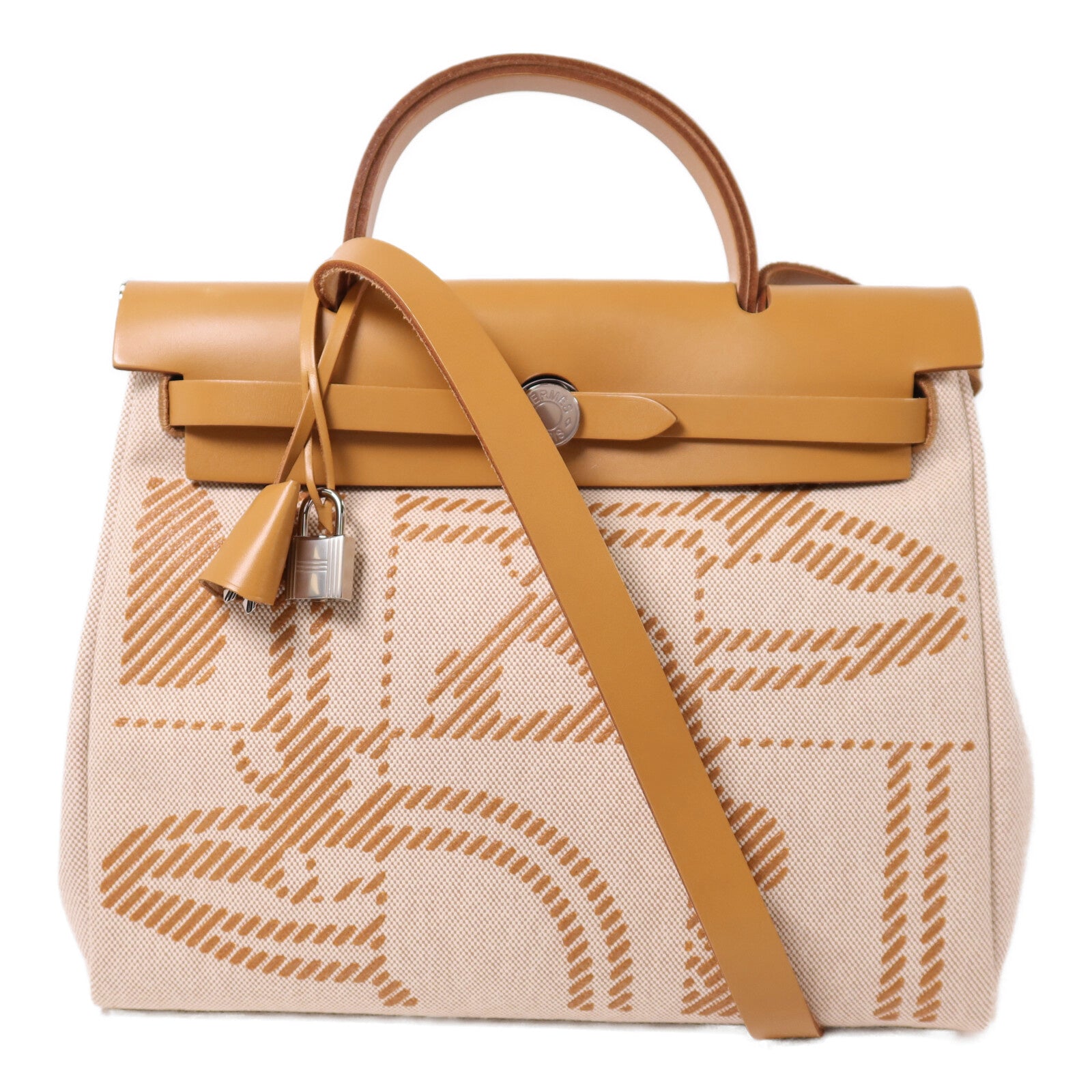HERMES 帆布Herbag PM銀扣手挽肩背兩用袋Beige