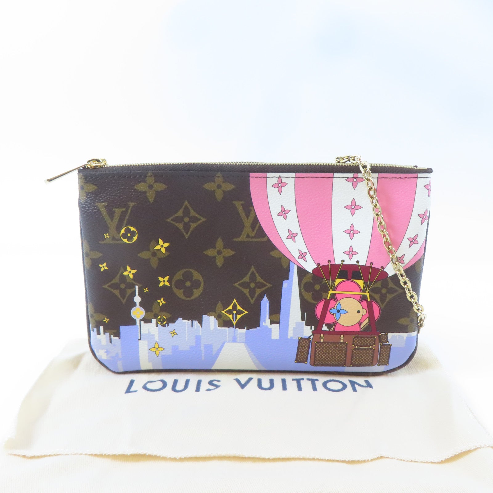 LOUIS VUITTON Monogram Pochette Double Zip金扣鏈帶肩背袋啡色