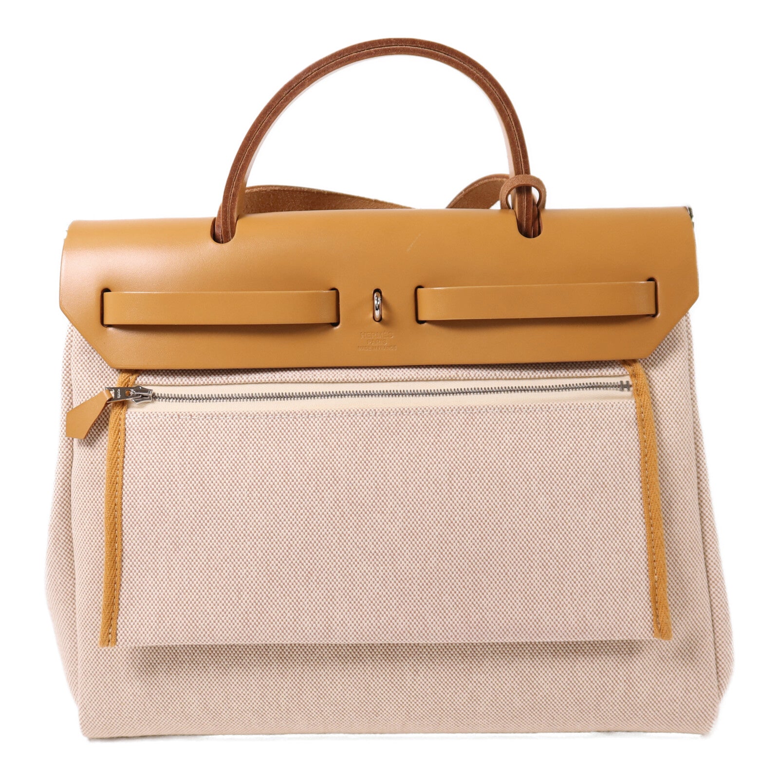HERMES 帆布Herbag PM銀扣手挽肩背兩用袋Beige