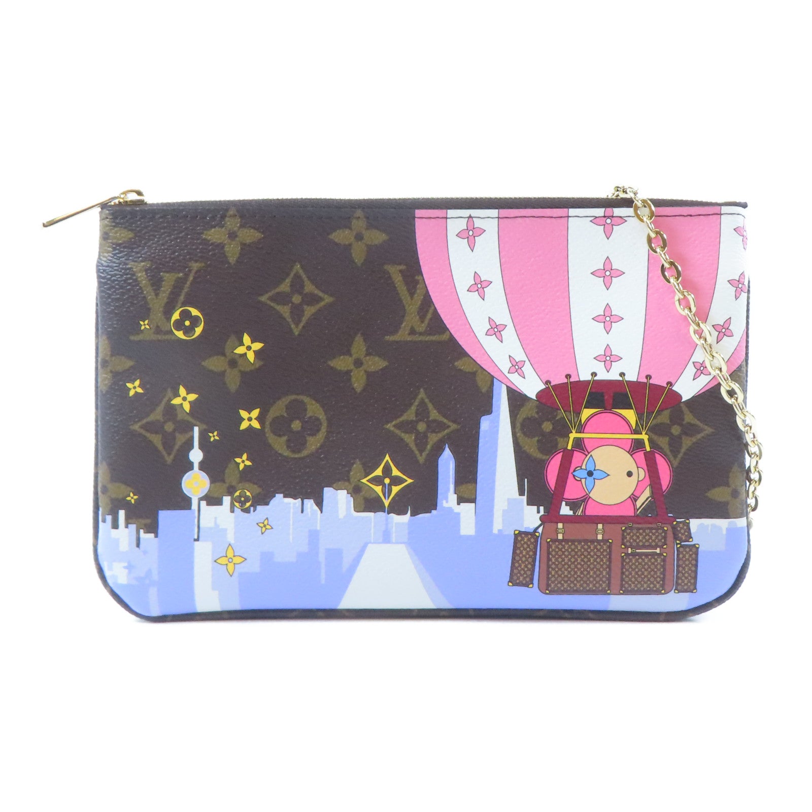 LOUIS VUITTON Monogram Pochette Double Zip金扣鏈帶肩背袋啡色