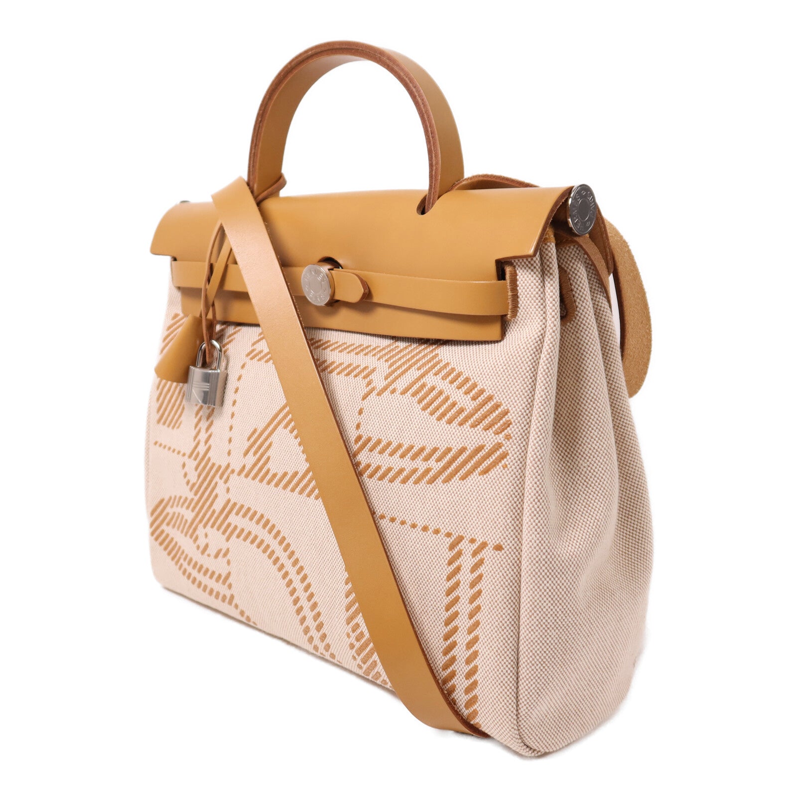 HERMES 帆布Herbag PM銀扣手挽肩背兩用袋Beige