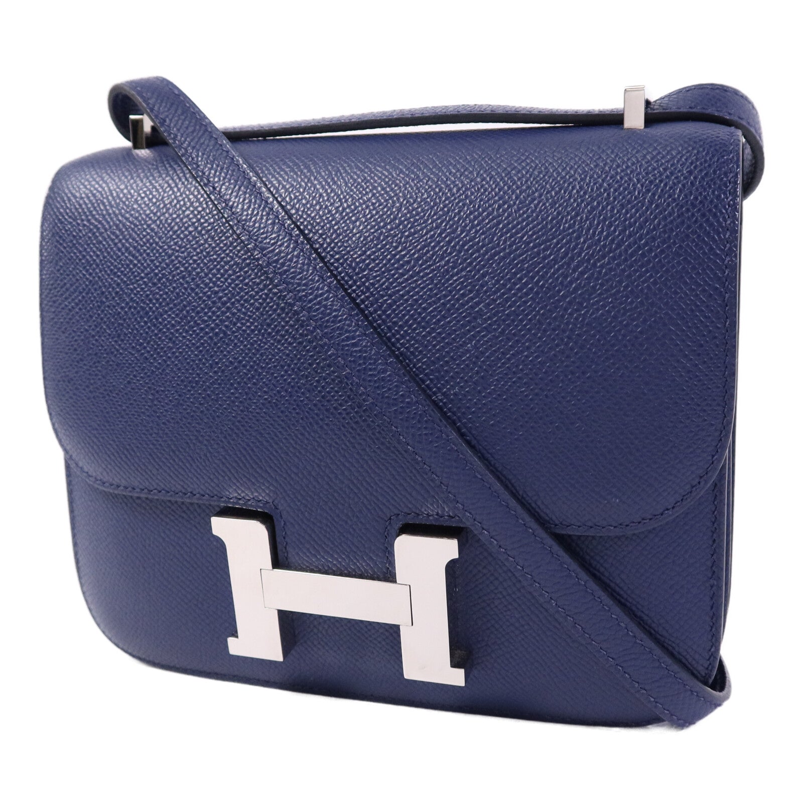 HERMES Epsom皮革Constance Mini銀扣肩背袋Bleu Saphir