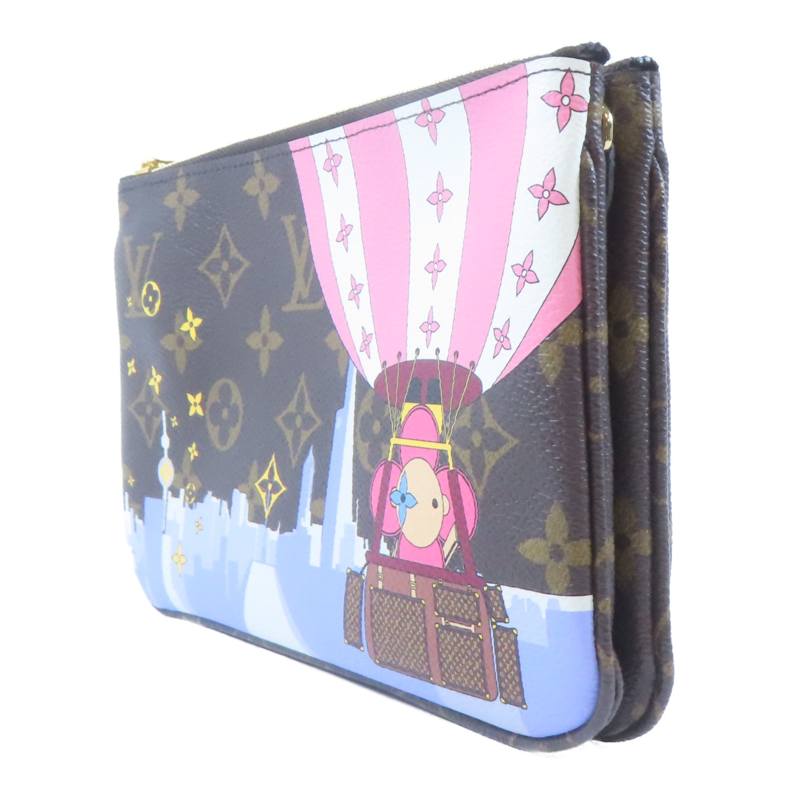 LOUIS VUITTON Monogram Pochette Double Zip金扣鏈帶肩背袋啡色