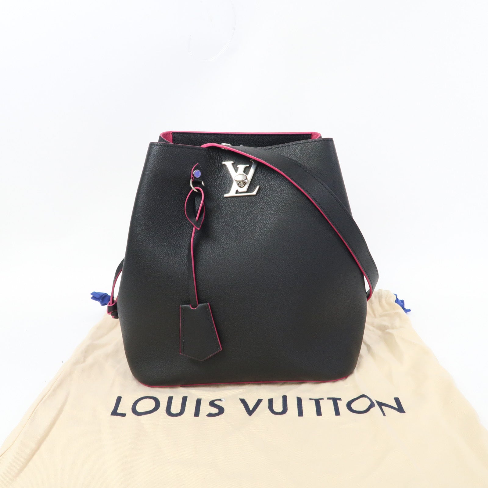 LOUIS VUITTON 牛皮皮革Lockme Bucket銀扣肩背袋黑色