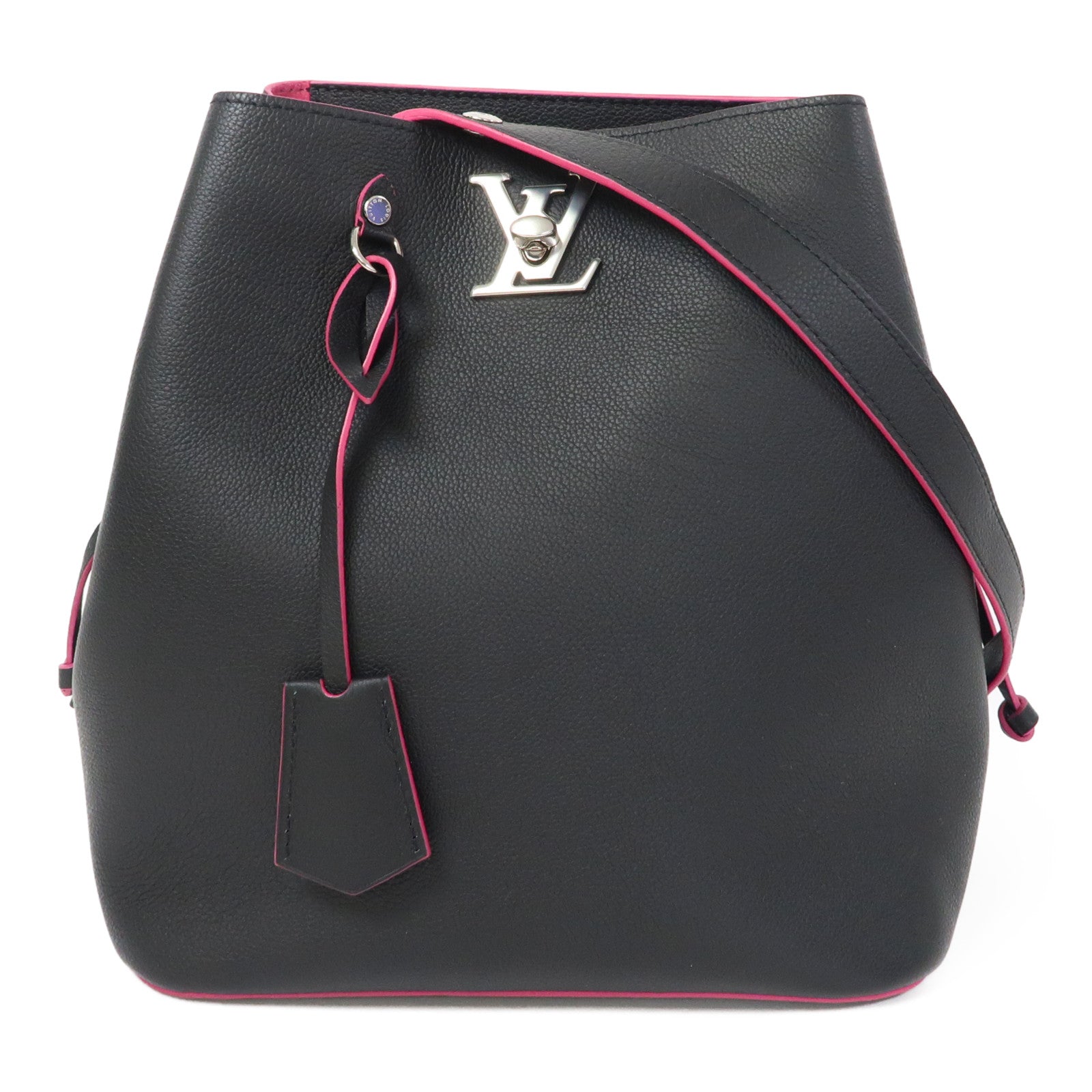 LOUIS VUITTON 牛皮皮革Lockme Bucket銀扣肩背袋黑色