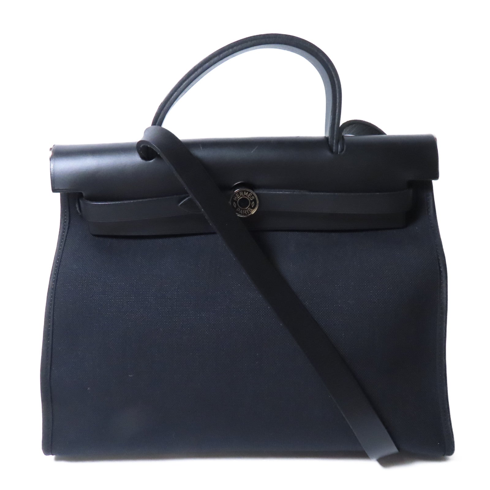 HERMES 帆布Herbag PM銀扣手挽肩背兩用袋黑色