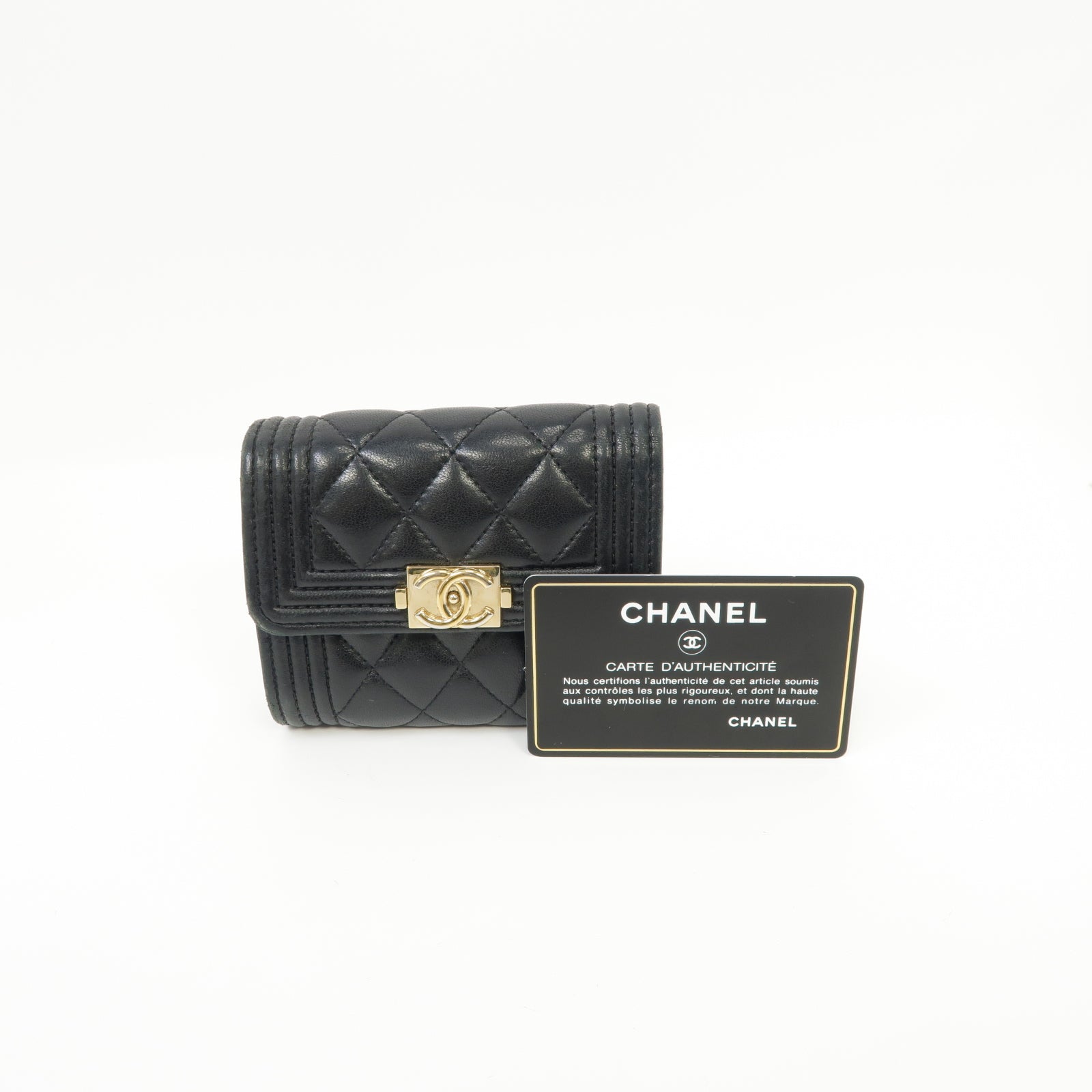 CHANEL 【激減優惠】菱格羊皮皮革Boy Wallet金扣錢包黑色