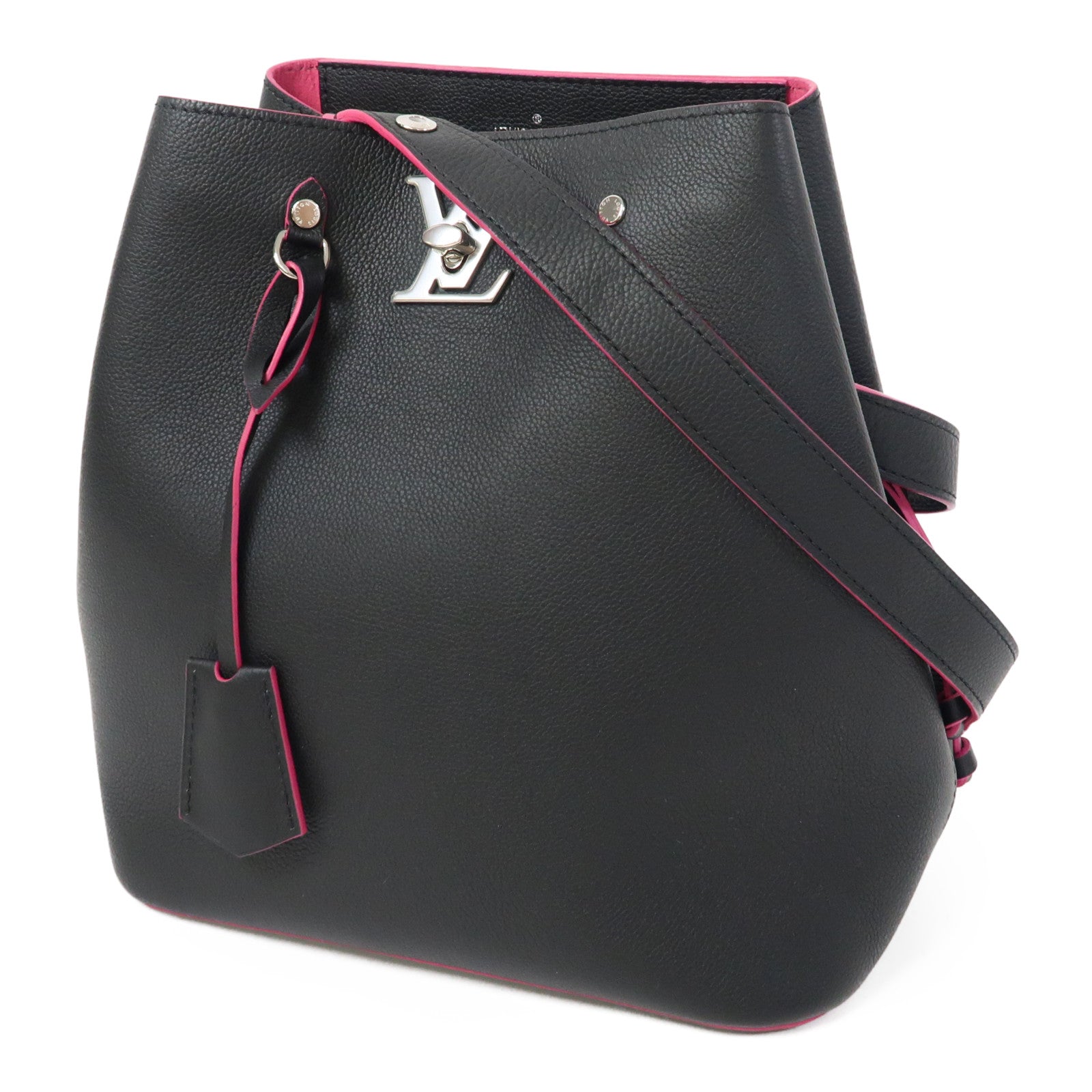 LOUIS VUITTON 牛皮皮革Lockme Bucket銀扣肩背袋黑色