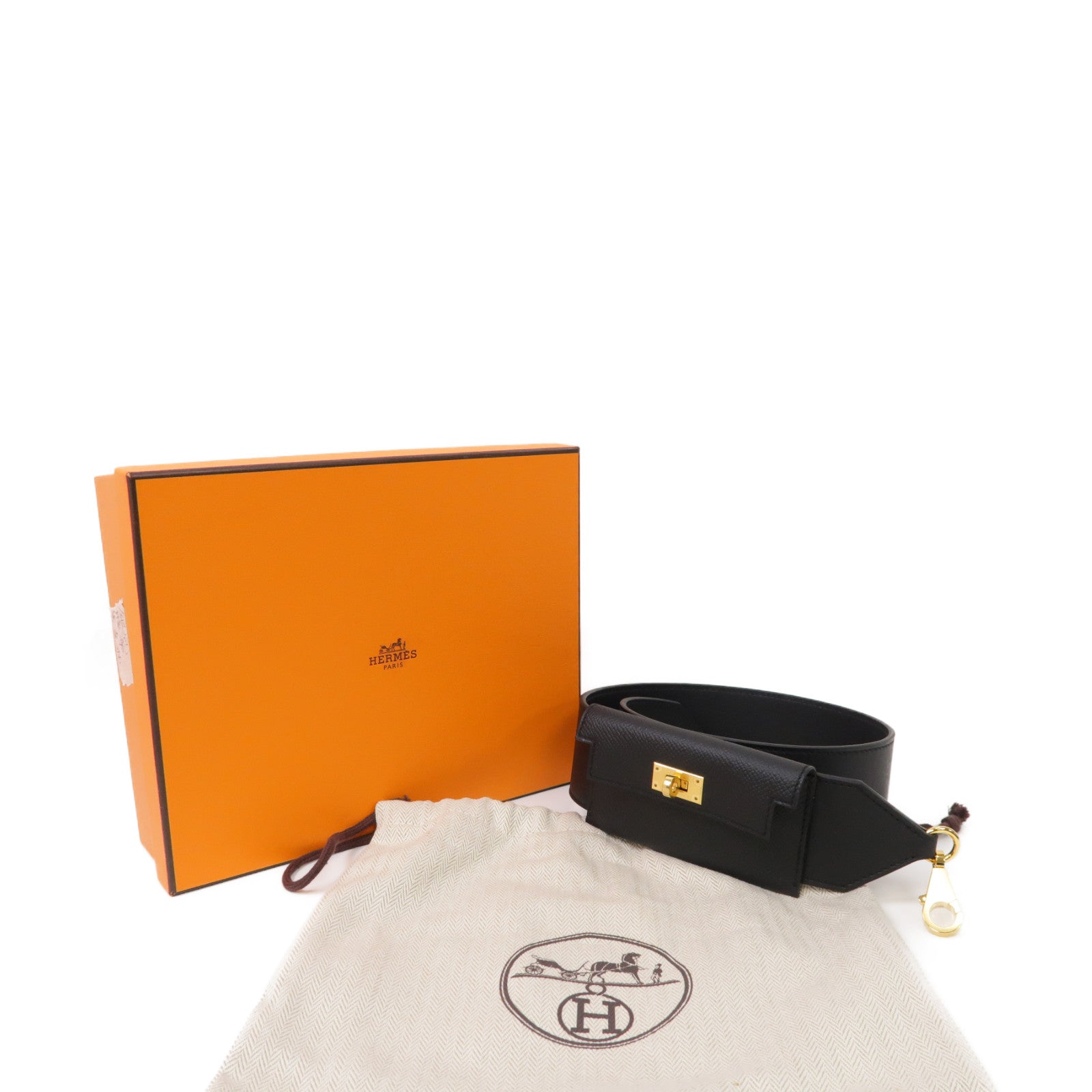 HERMES Swift皮革Kelly Pocket Bag Strap金扣皮帶黑色