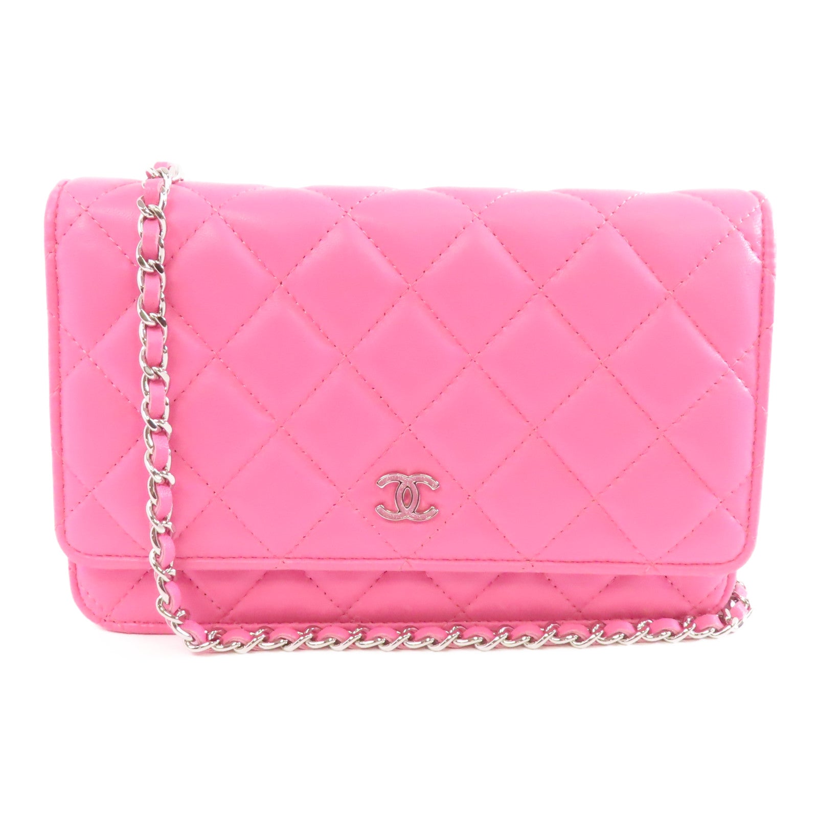 CHANEL 菱格羊皮皮革Wallet On Chain銀扣鏈帶肩背袋粉紅色