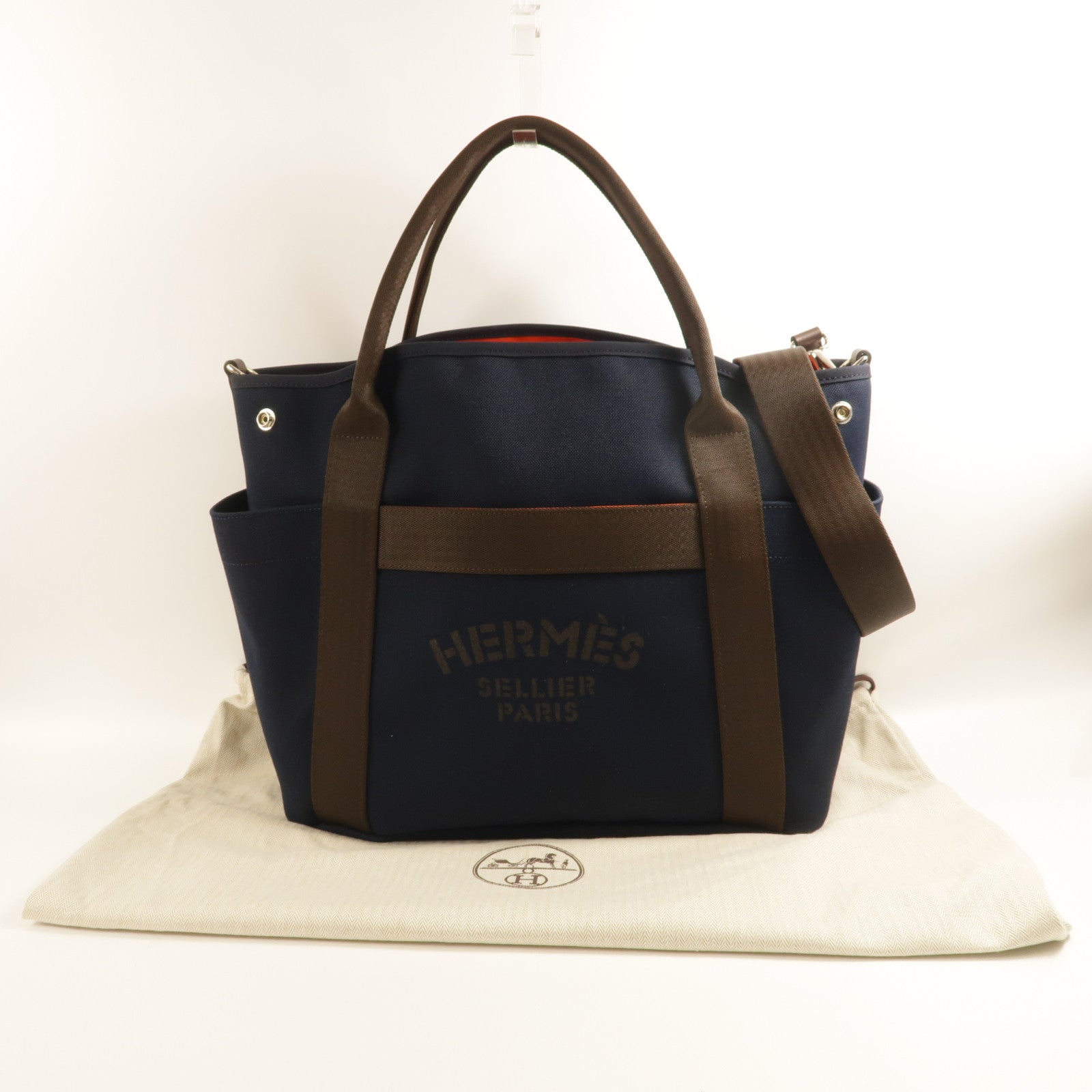 HERMES Sucked Pansage Groom Tote Bag 2 Way Shoulder Bag Canvas Blue