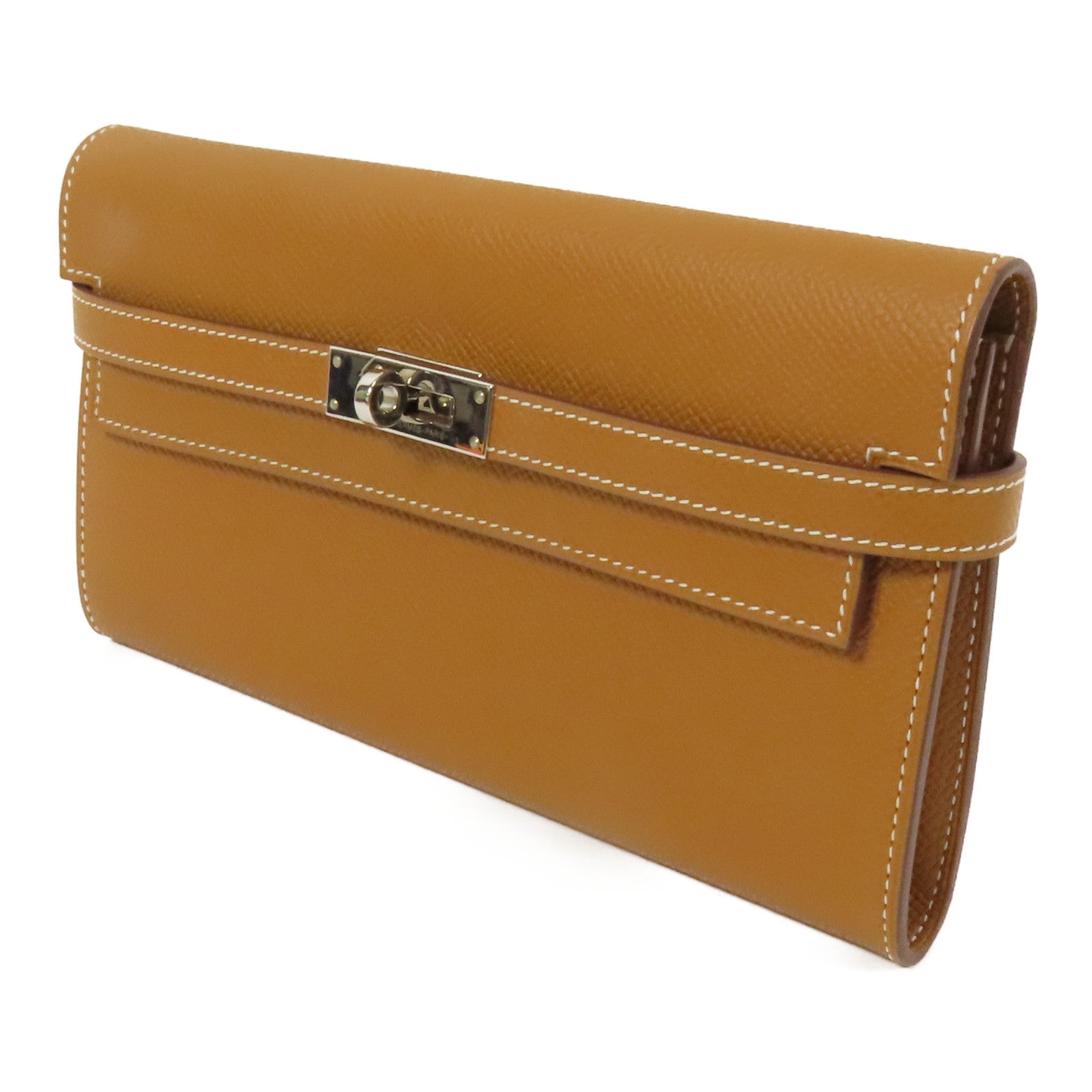 HERMES Epsom皮革Kelly Long Wallet銀扣長錢包Gold