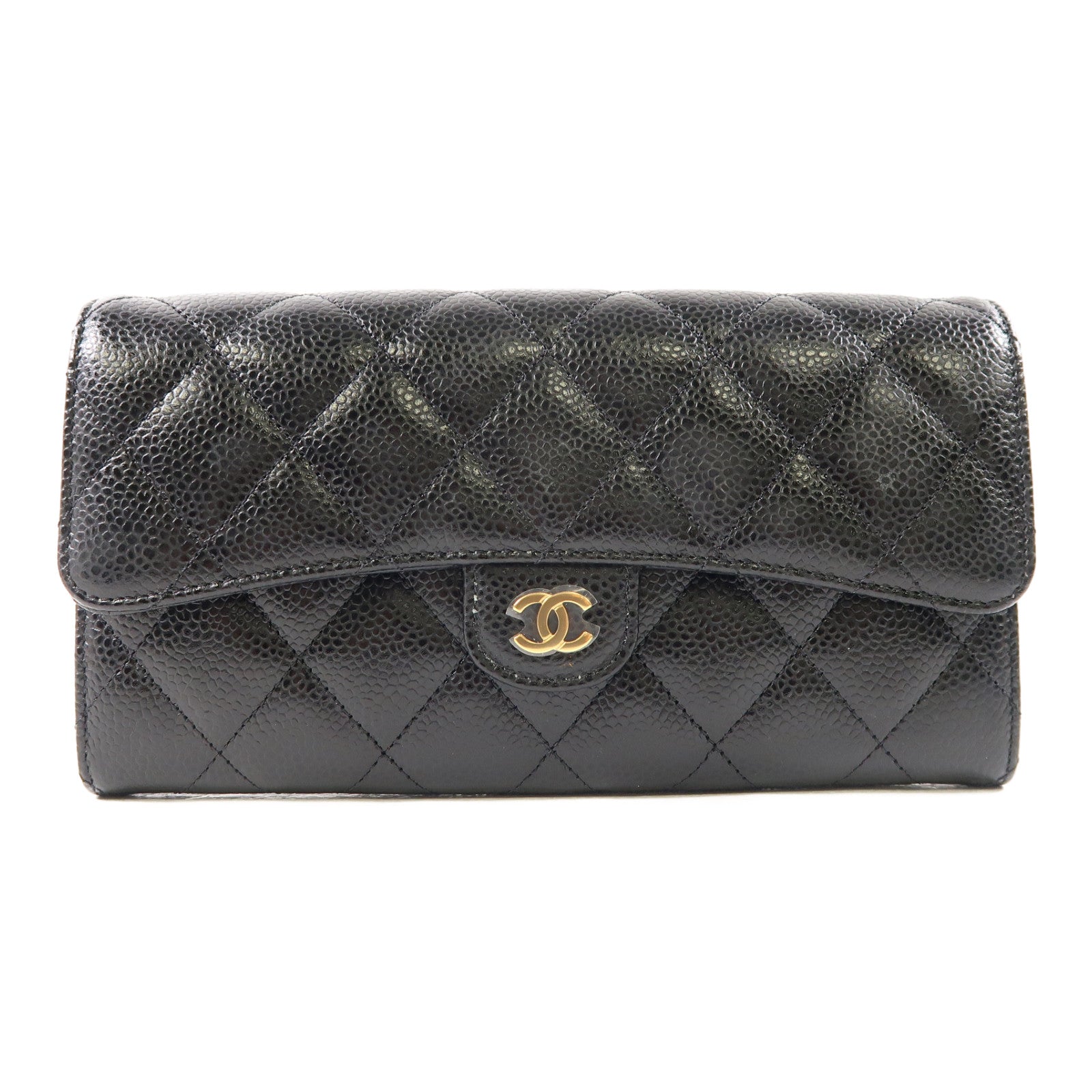 CHANEL 菱格牛皮皮革Long Wallet金扣長錢包黑色