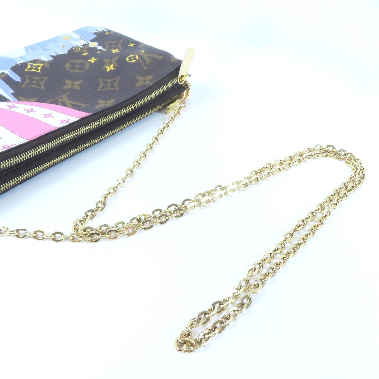 LOUIS VUITTON Monogram Pochette Double Zip金扣鏈帶肩背袋啡色