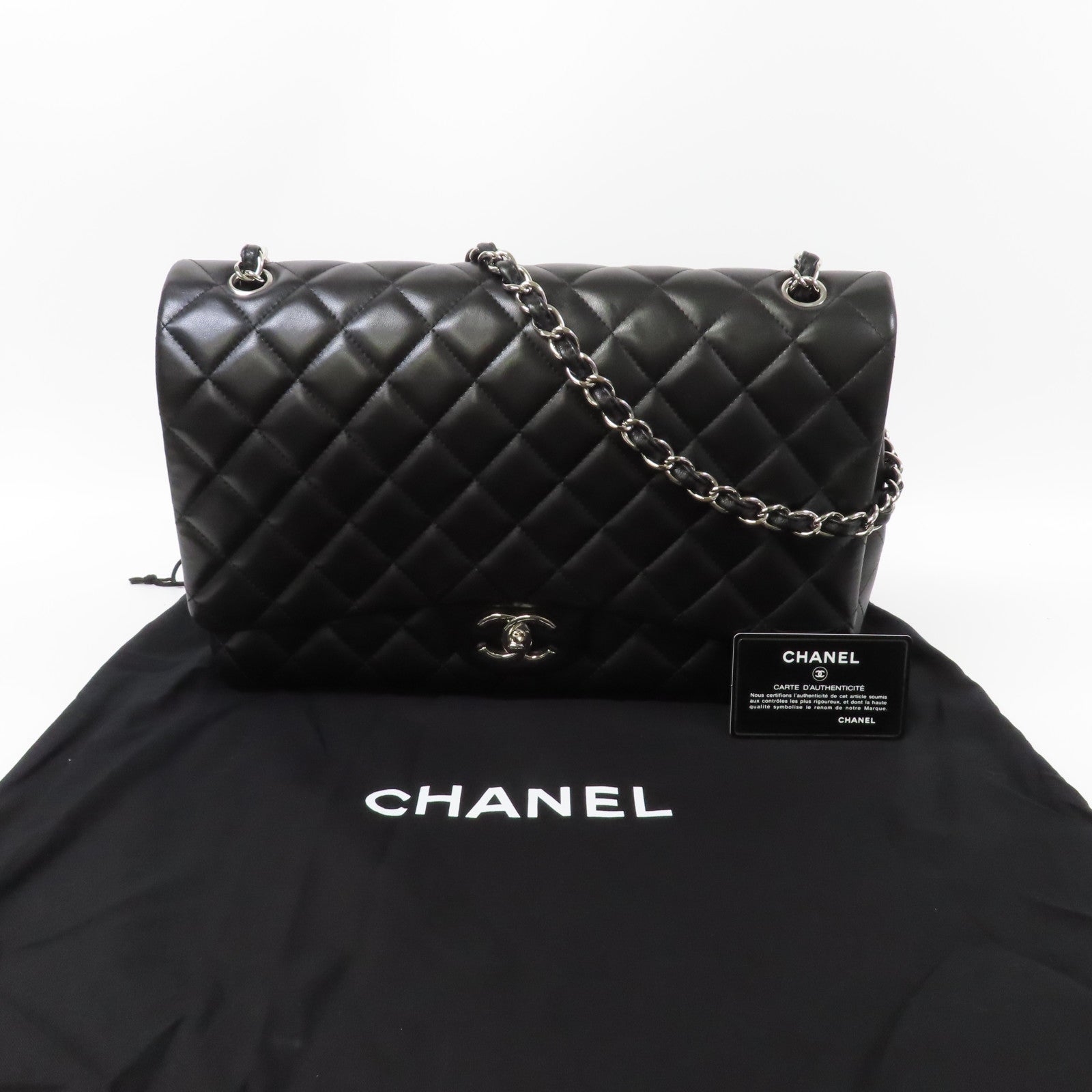 CHANEL 菱格羊皮皮革Maxi Classic Handbag銀扣鏈帶肩背袋黑色