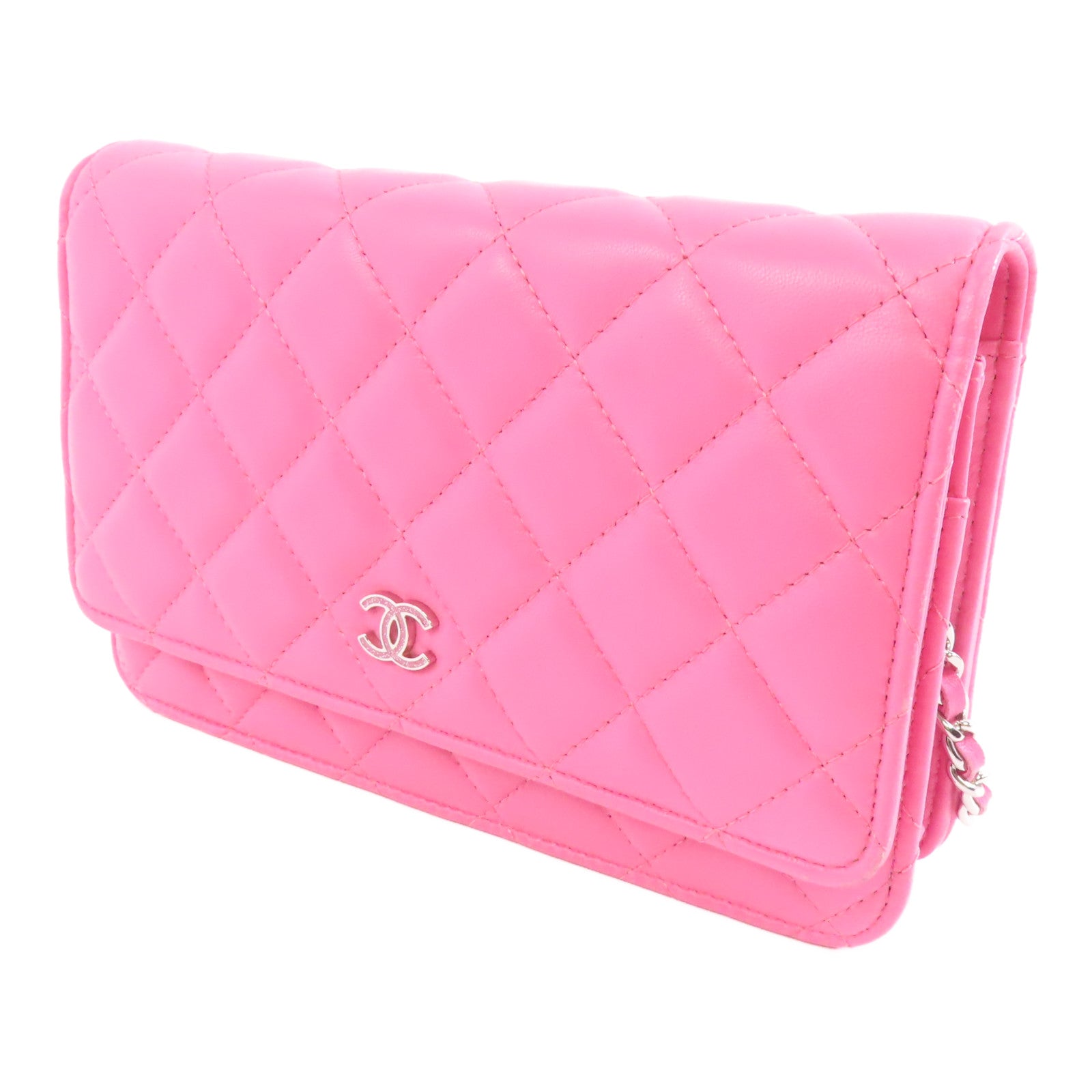 CHANEL 菱格羊皮皮革Wallet On Chain銀扣鏈帶肩背袋粉紅色