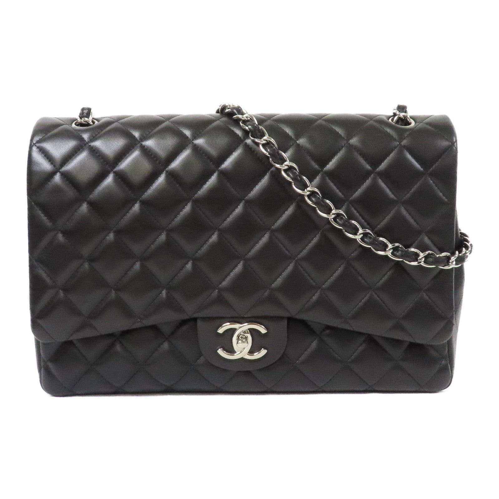 CHANEL 菱格羊皮皮革Maxi Classic Handbag銀扣鏈帶肩背袋黑色
