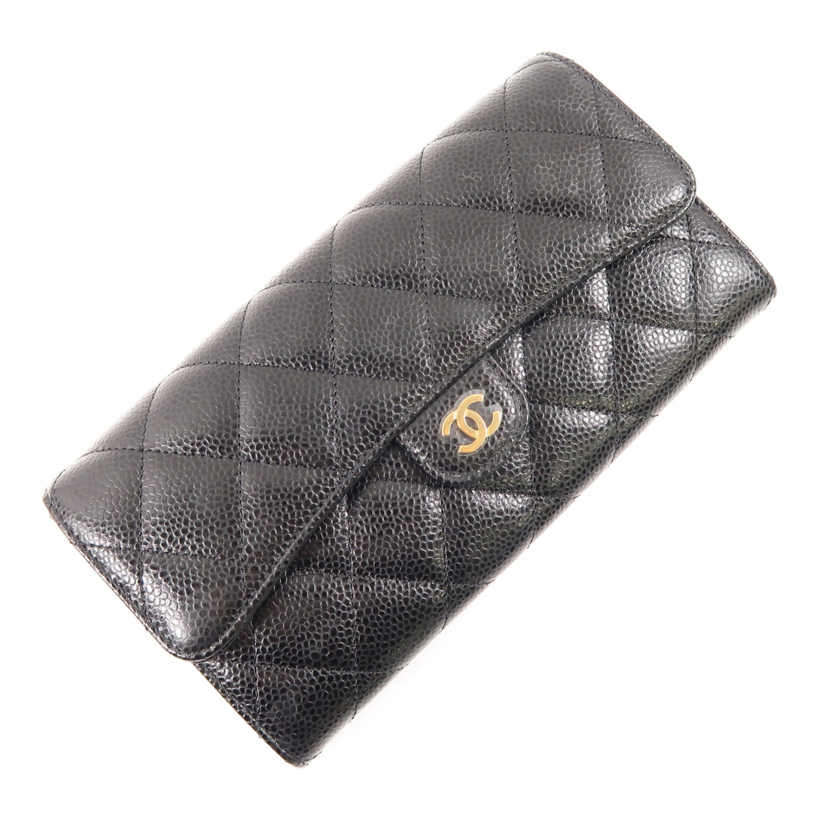 CHANEL 菱格牛皮皮革Long Wallet金扣長錢包黑色