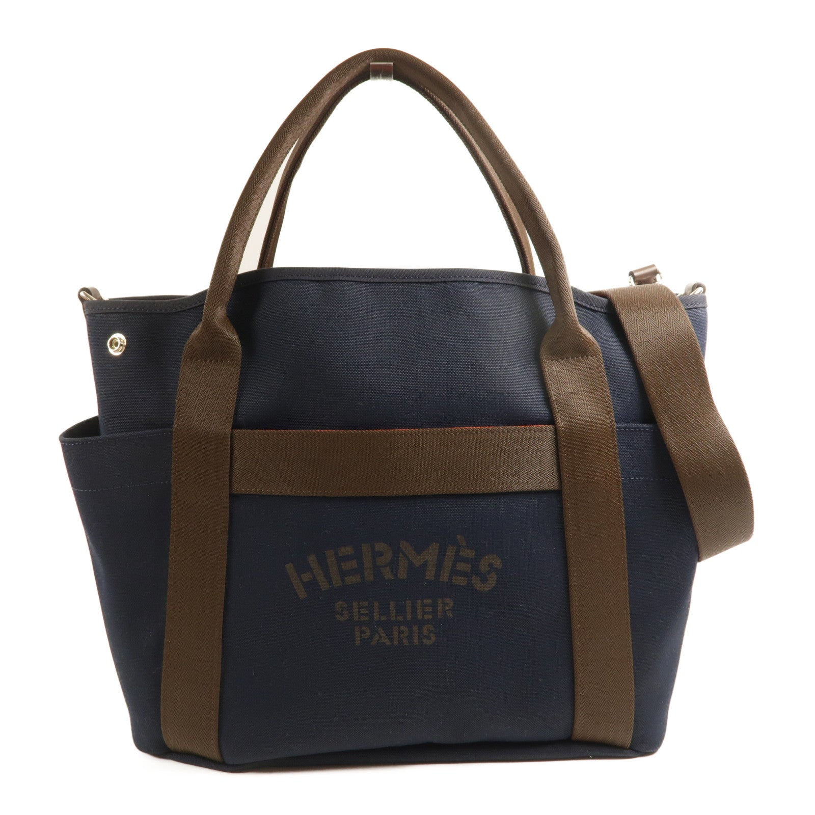 HERMES Sucked Pansage Groom Tote Bag 2 Way Shoulder Bag Canvas Blue