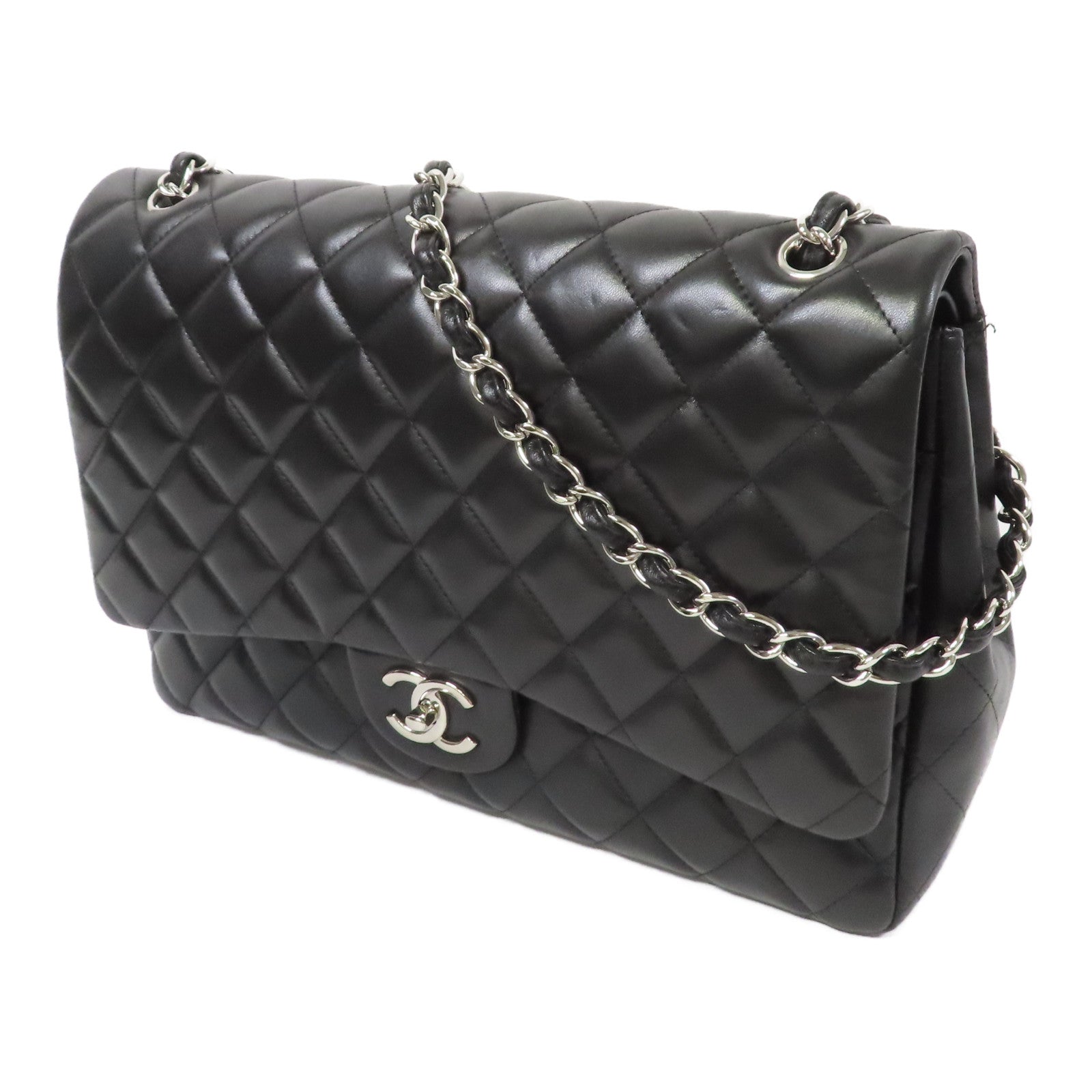 CHANEL 菱格羊皮皮革Maxi Classic Handbag銀扣鏈帶肩背袋黑色