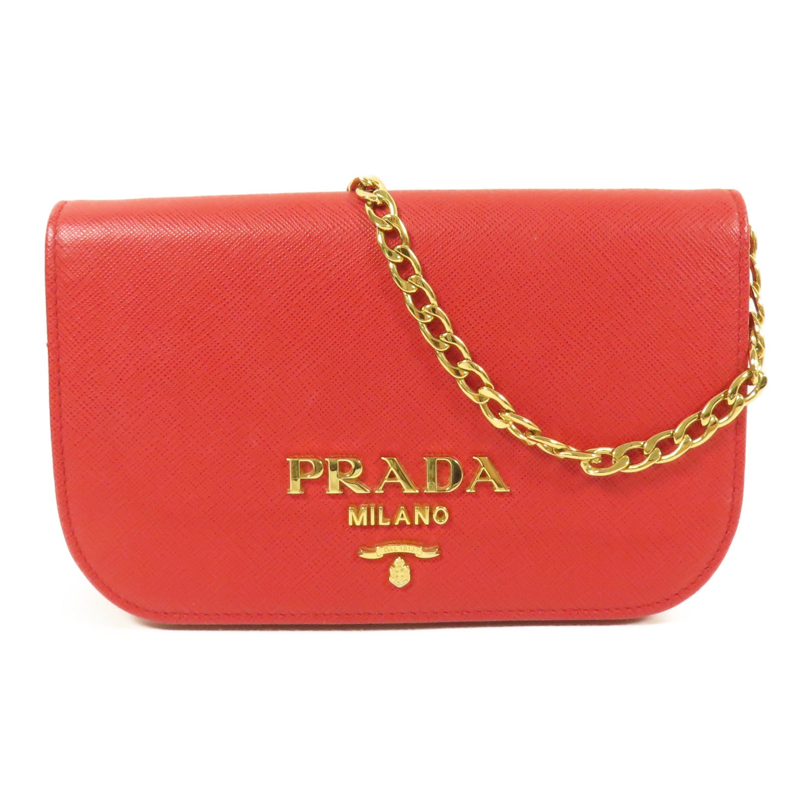 PRADA GHW Chain Wallet Shoulder Bag Saffiano Leather Red