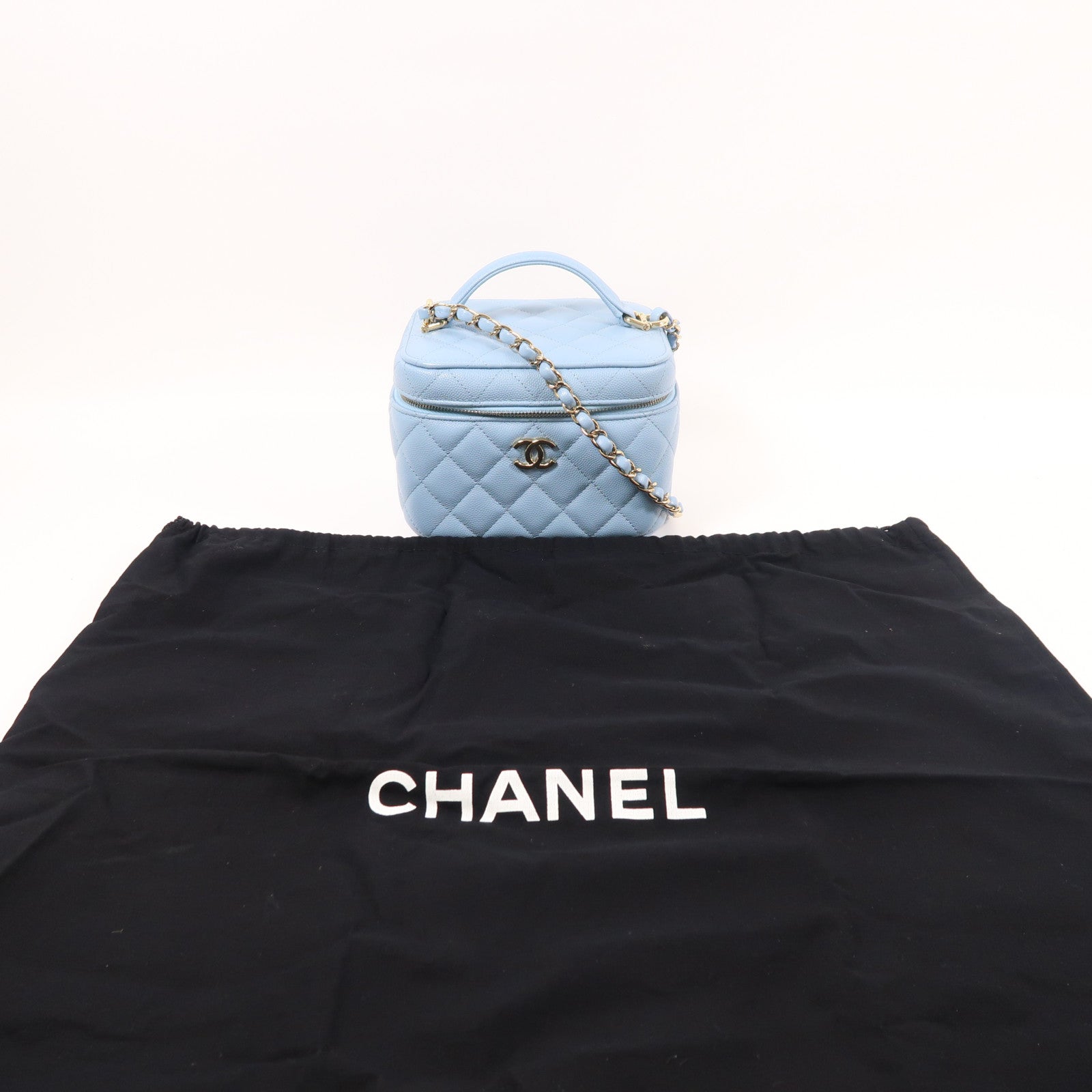 CHANEL CC GHW Vanity Bag Chain 2 Way Shoulder Bag Calfskin Leather Blue