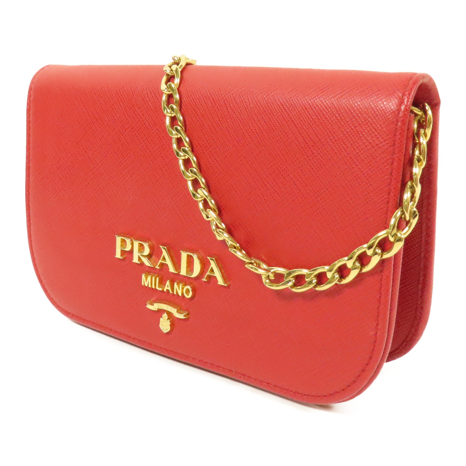 PRADA GHW Chain Wallet Shoulder Bag Saffiano Leather Red