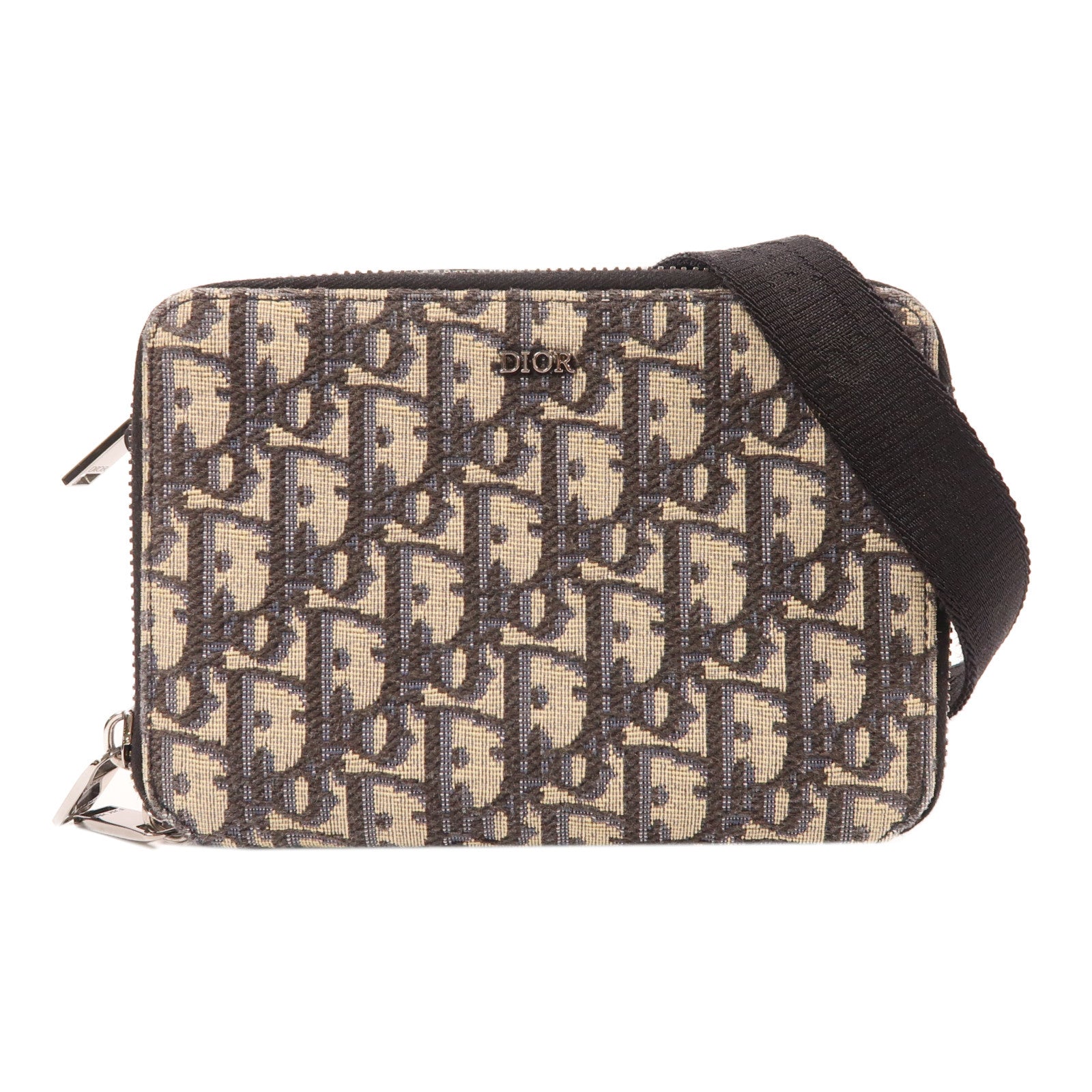 Dior 帆布Zipped Pouch with Strap銀扣肩背袋米色/黑色