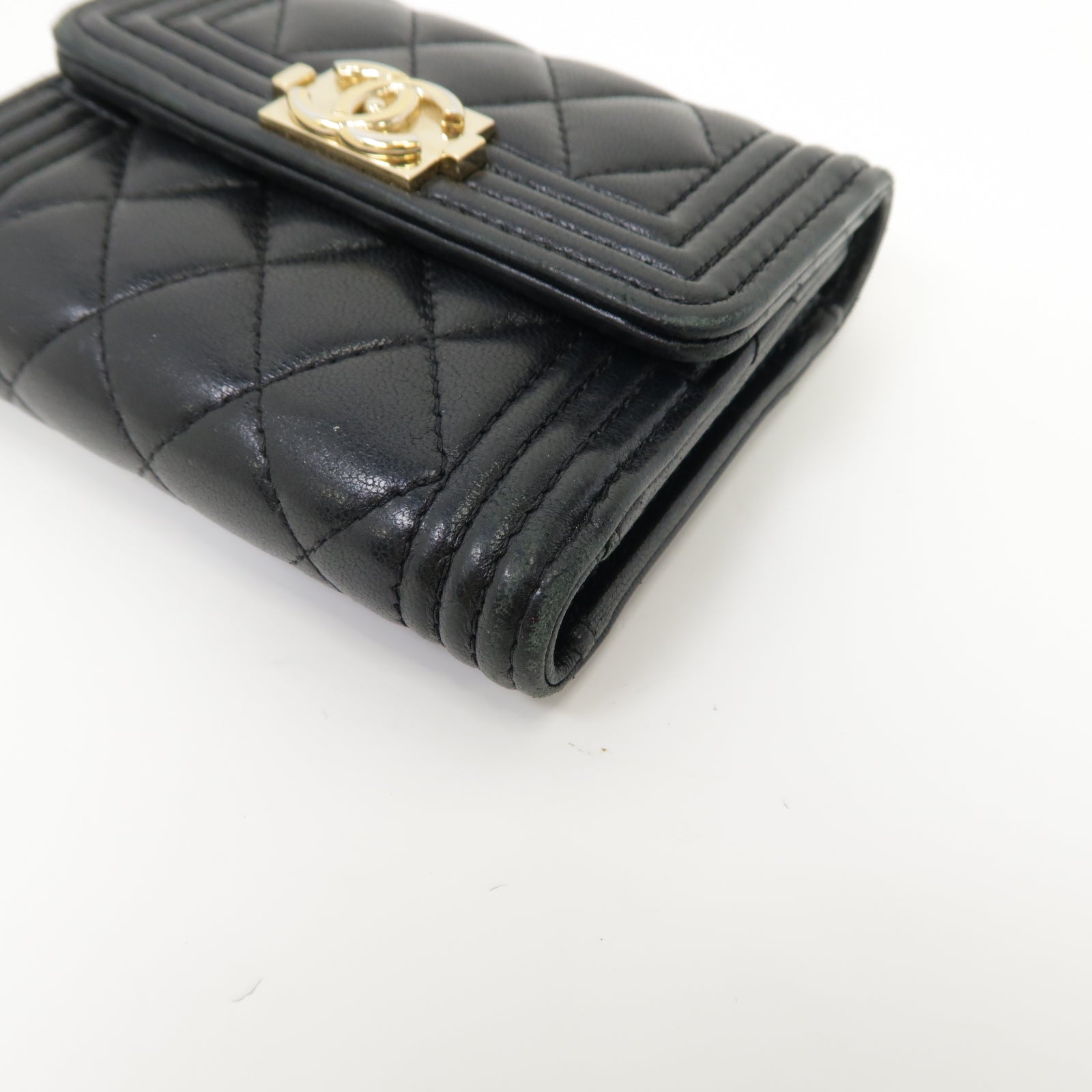 CHANEL 【激減優惠】菱格羊皮皮革Boy Wallet金扣錢包黑色